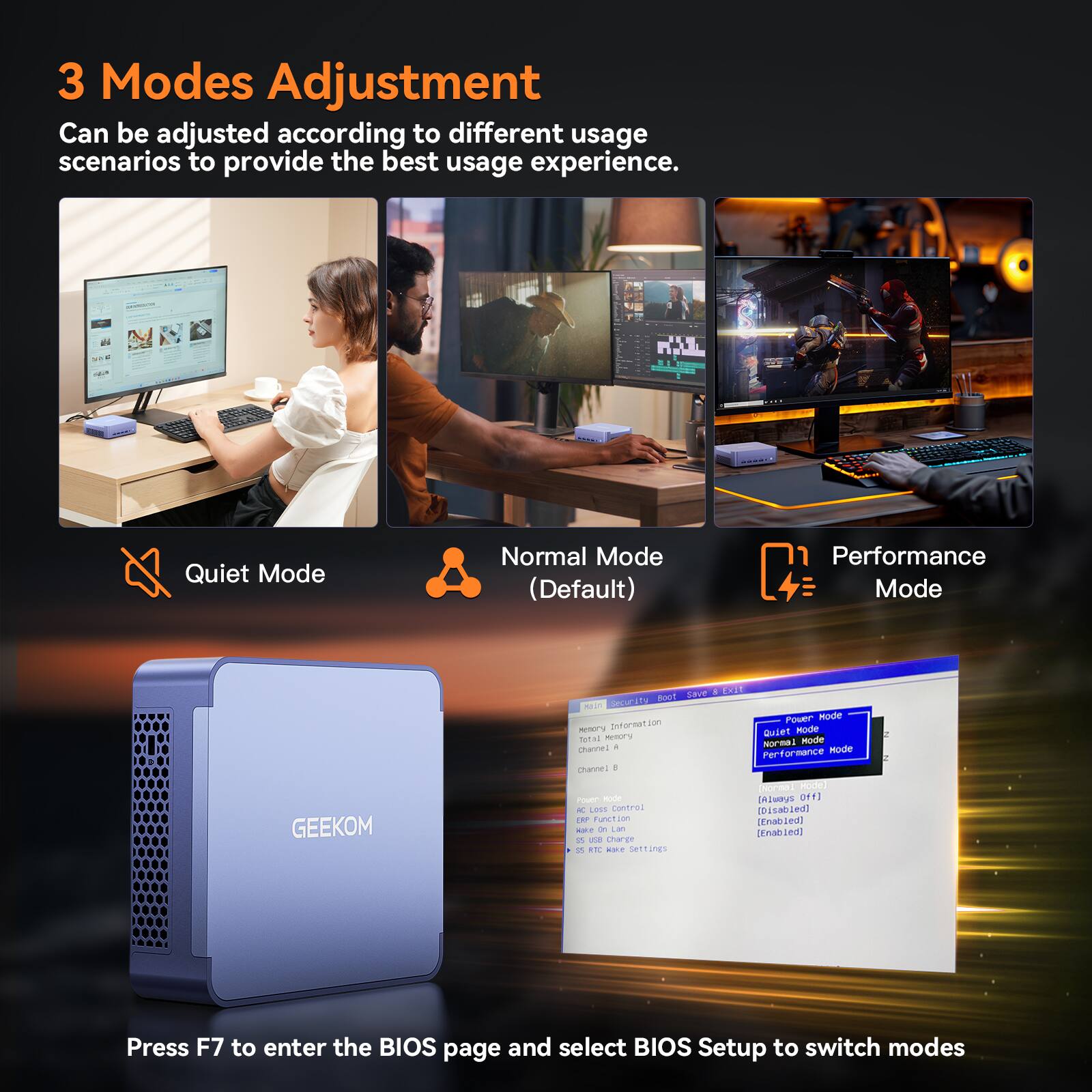 3 Modes Adjustment  
Can be adjusted according to different usage scenarios to provide the best usage experience.  

Quiet Mode  
Normal Mode (Default)  
Performance Mode  

Press F7 to enter the BIOS page and select BIOS Setup to switch modes.