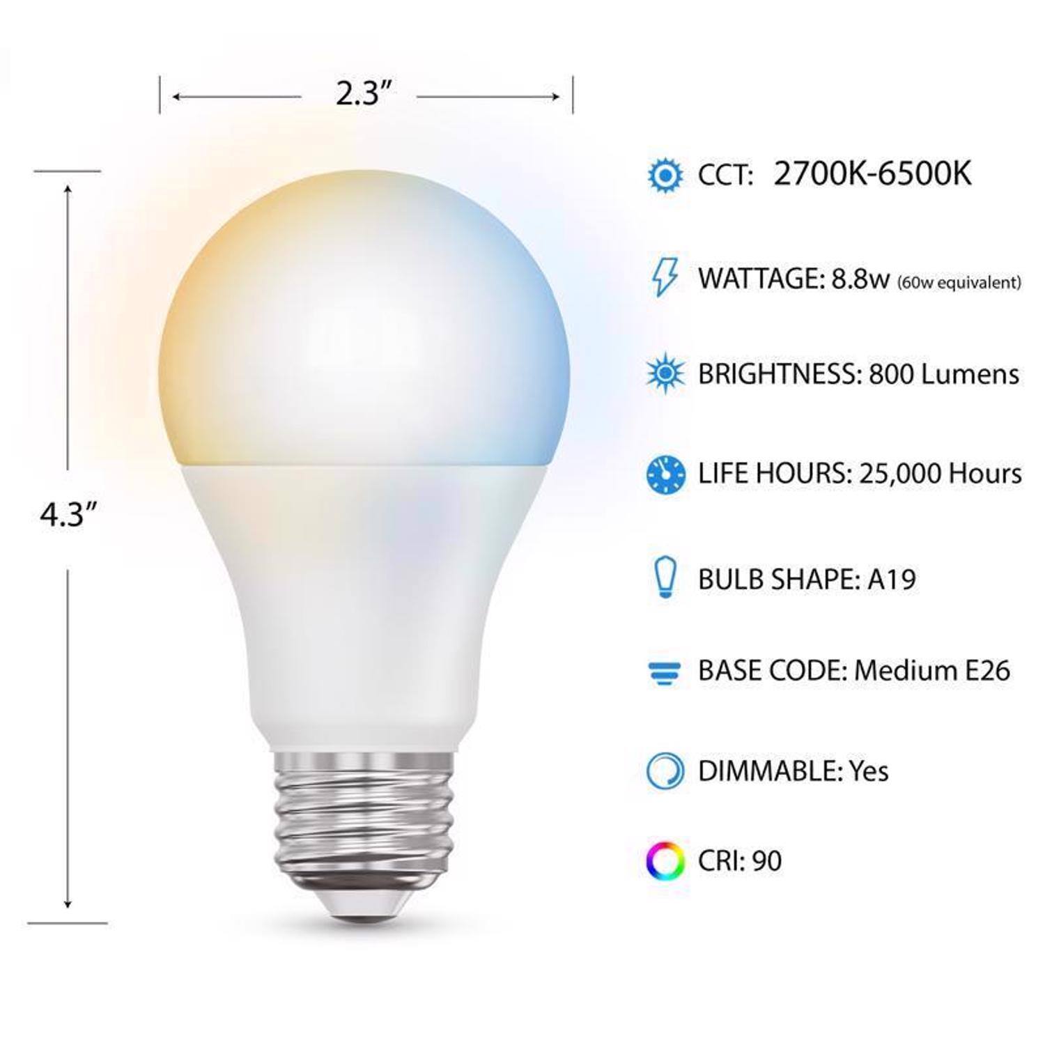 2.3"  
CCT: 2700K-6500K  
WATTAGE: 8.8W (60W equivalent)  
BRIGHTNESS: 800 Lumens  
4.3"  
LIFE HOURS: 25,000 Hours  
BULB SHAPE: A19  
BASE CODE: Medium E26  
DIMMABLE: Yes  
CRI: 90