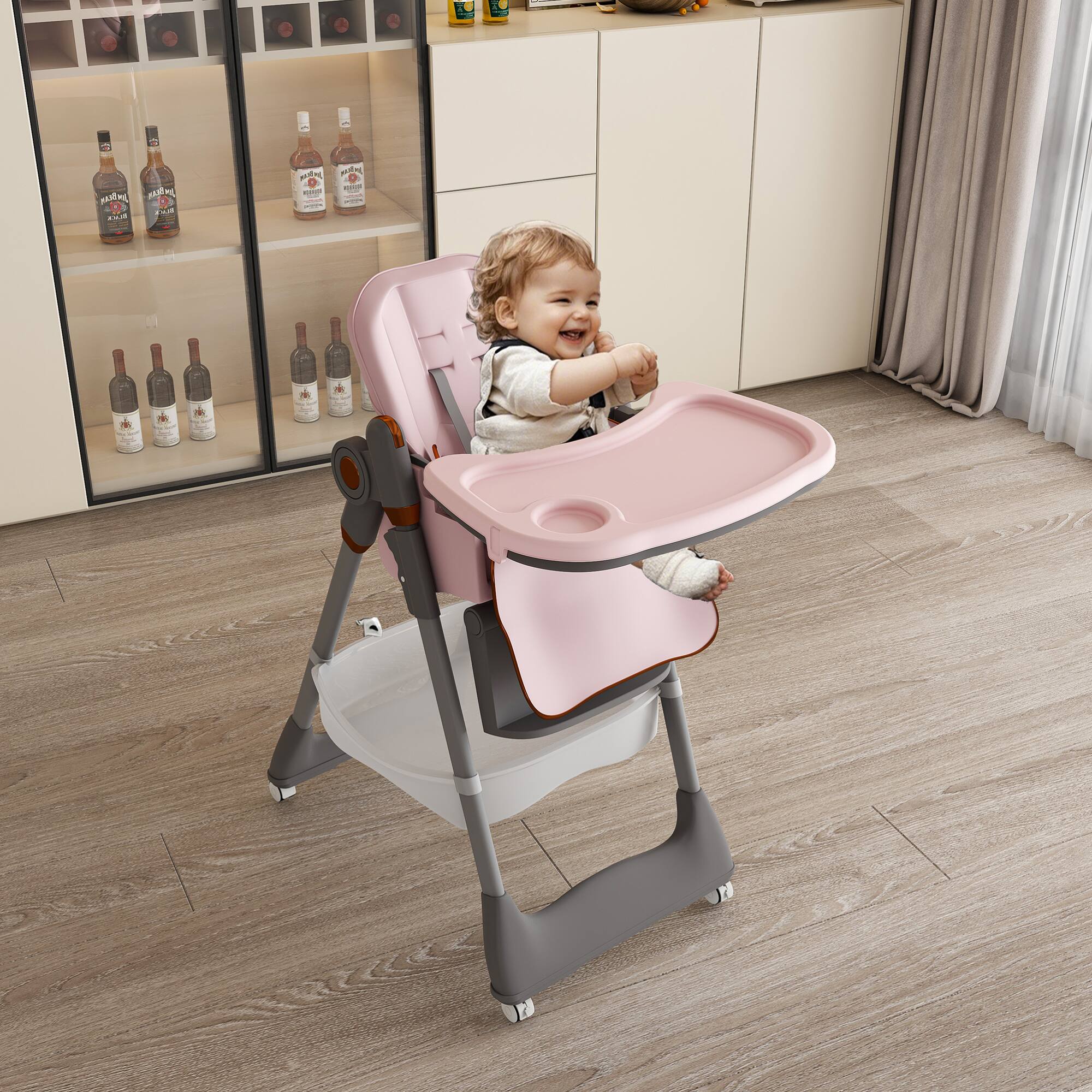 Alt View 1. GOODSILO - Adjustable Infant High Chair for Ages 0-6 Years - Portable Feeding Seat with Safety Harness and Locking Wheels - Pink.