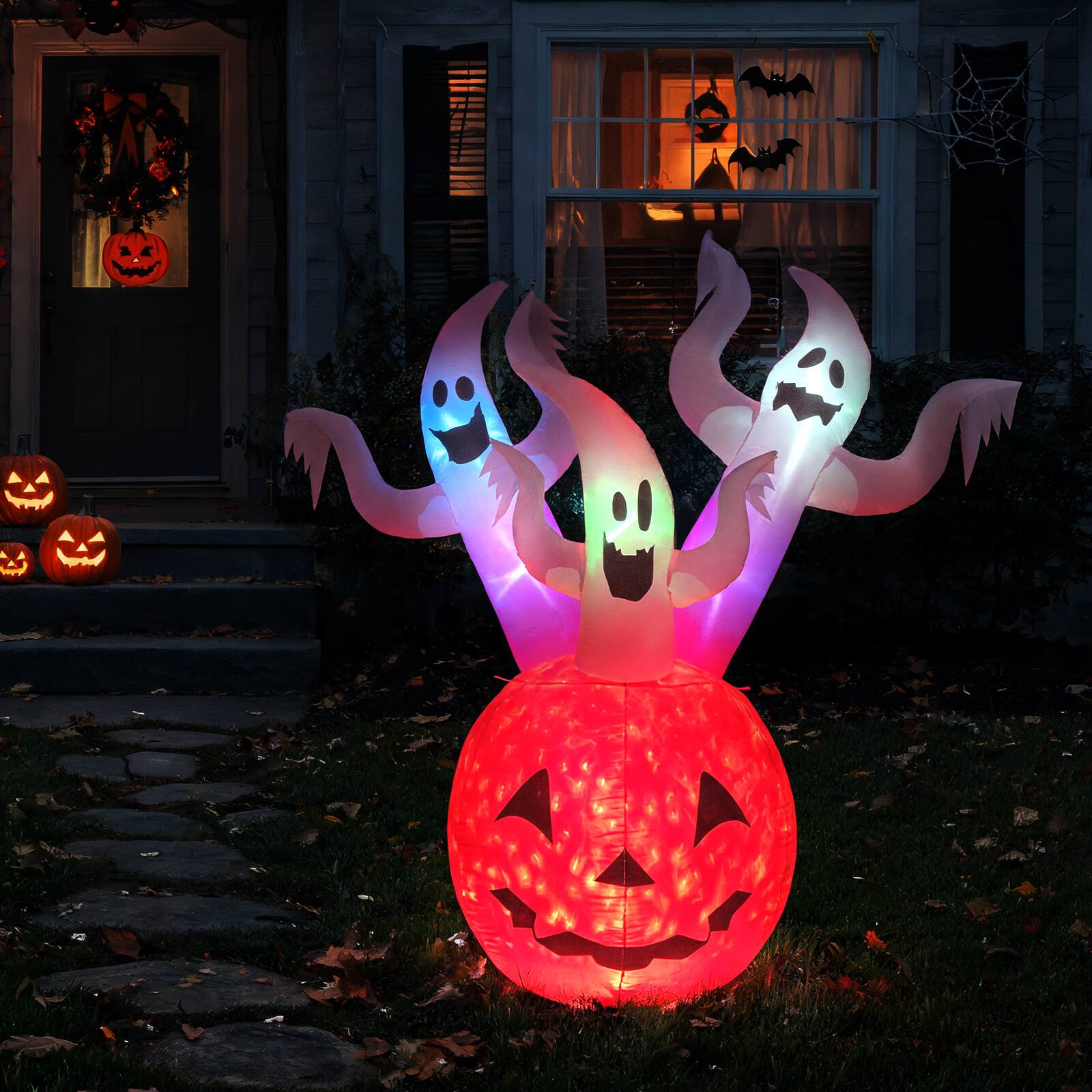 Alt View 3. Costway - Costway 6FT Inflatable Ghost Pumpkin with Colorful Lights 2 Wind Ropes 3 Built-in Sand Bags - MultiColor.