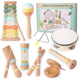 Sugift - 9-Piece Wooden Musical Instruments Set with Xylophone, Maracas, Tambourine, Triangle