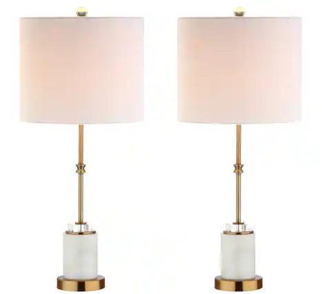 Front. Jonathan Y - Harper 27" Marble/Crystal LED Table Lamp, Brass (Set of 2) - White/Brass Gold.