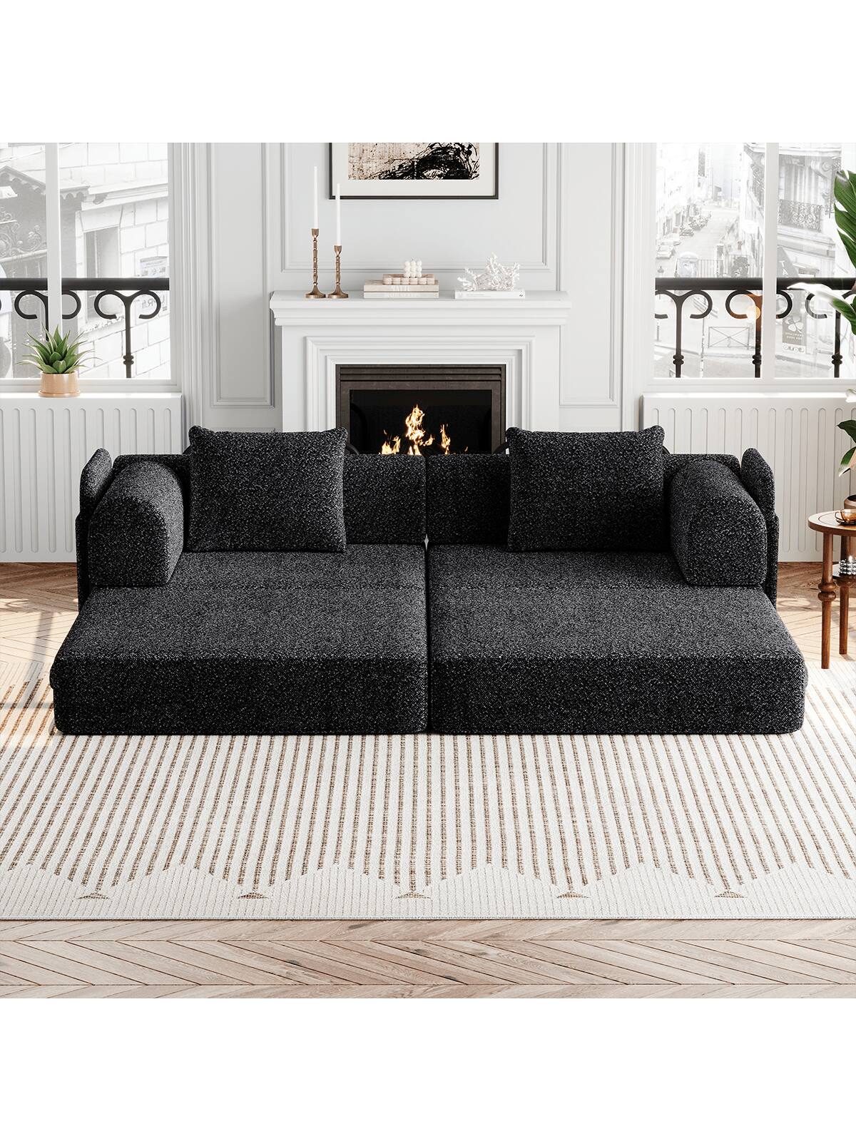 Angle. Trinkets Crazed - Convertible Sofa Bed, 72.4" Loveseat Sofa With Storage Pockets Modular Sleeper Couch Chenille Folding Floor Couch - Black.