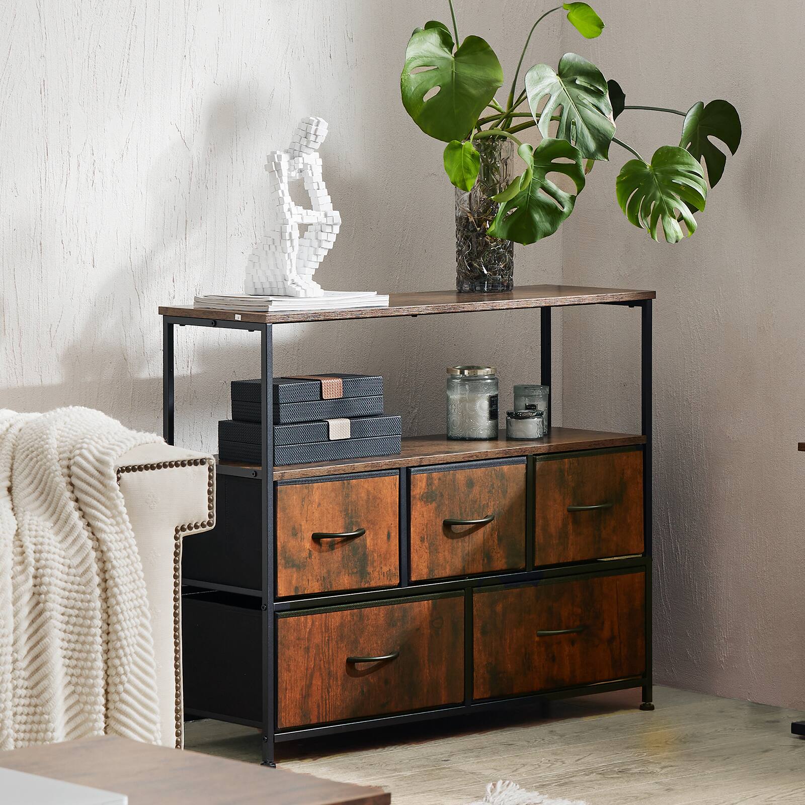 Front. Lirago - 32in. Tall Fabric Storage Dresser with 5 Drawers Wood Top Decorative Storage Cabinet - Brown.