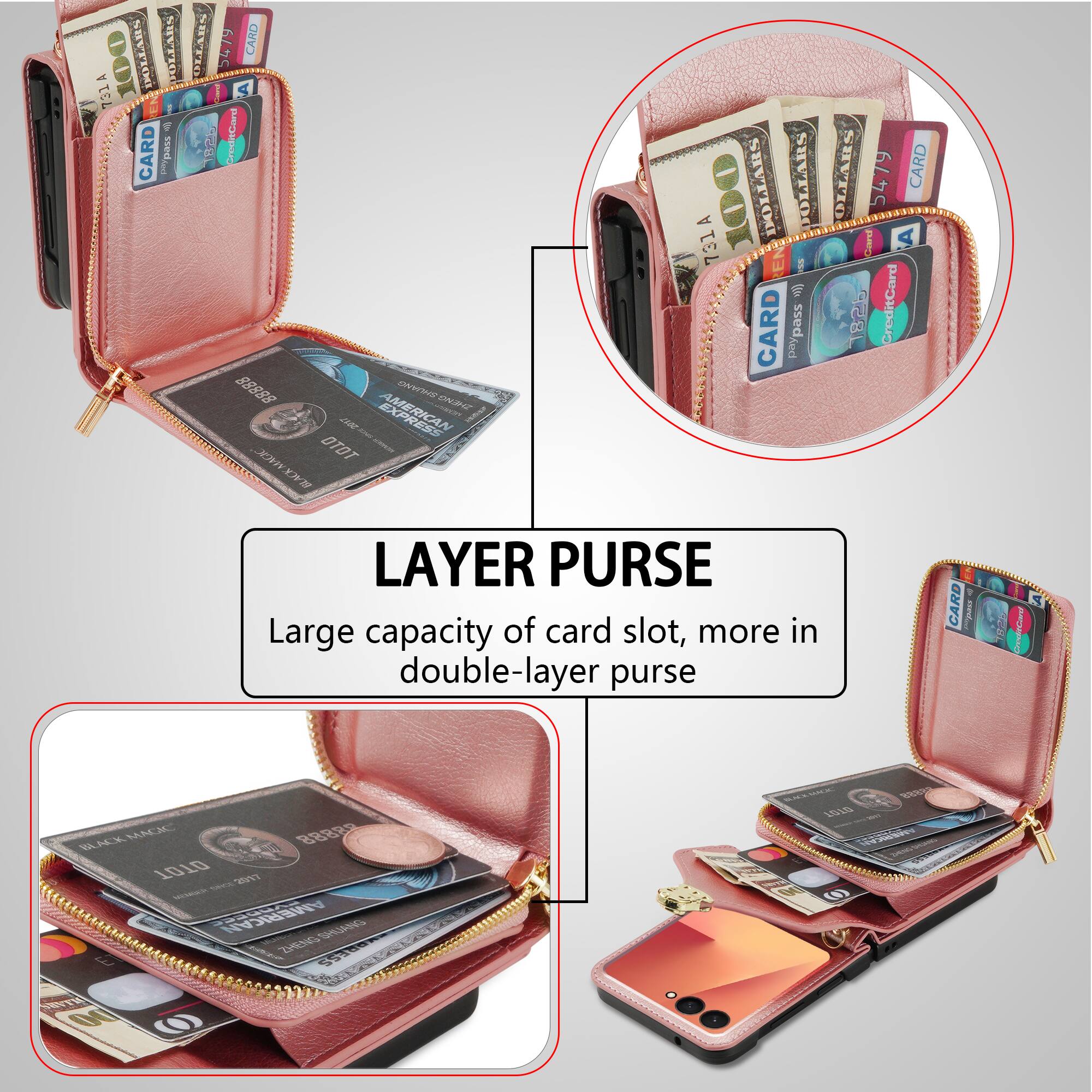 A 100 DOLLARS OLLARS 731 CARD pass E LLARN 5479 CARD A  
GradieCaurd 888 ONWHE ma SL EXPRESS ae  
TOTO  
W A 100 DOLLARS OLLARS 731A 1 W CARD 2 pass OLLARS 5479 CARD Carsi A 1825 CreditCard  
LAYER PURSE  
Large capacity of card slot, more in double-layer purse