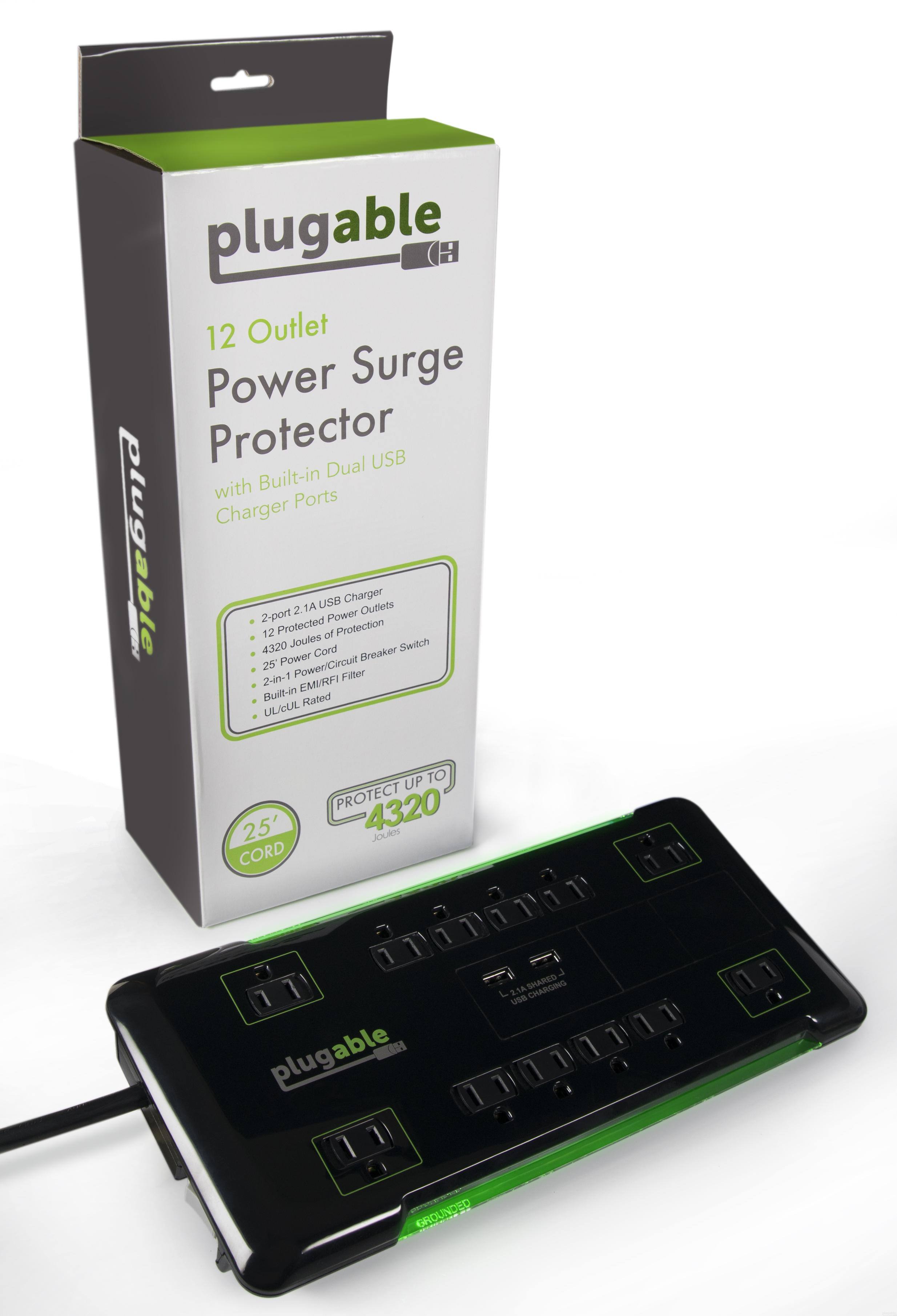 plugable  
12 Outlet Power Surge Protector with Built-in Dual USB Charger Ports  

- 2-port 2.1A USB Charger  
- 12 Protected Power Outlets  
- 4320 Joules of Protection  
- 25' Power Cord  
- 2-in-1 Power/Circuit Breaker Switch  
- Built-in EMI/RFI Filter  
- UL/CUL Rated  

PROTECT UP TO 4320 Joules  

25' CORD  

plugable  
GROUND