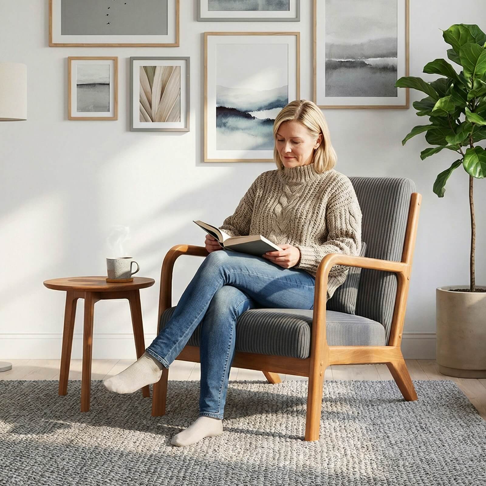 Alt View 4. Costway - Costway 1 PCS Modern Accent Chair, Corduroy Upholstered Lounge Chair with Rubber Wood Armrests - Gray + Brown.