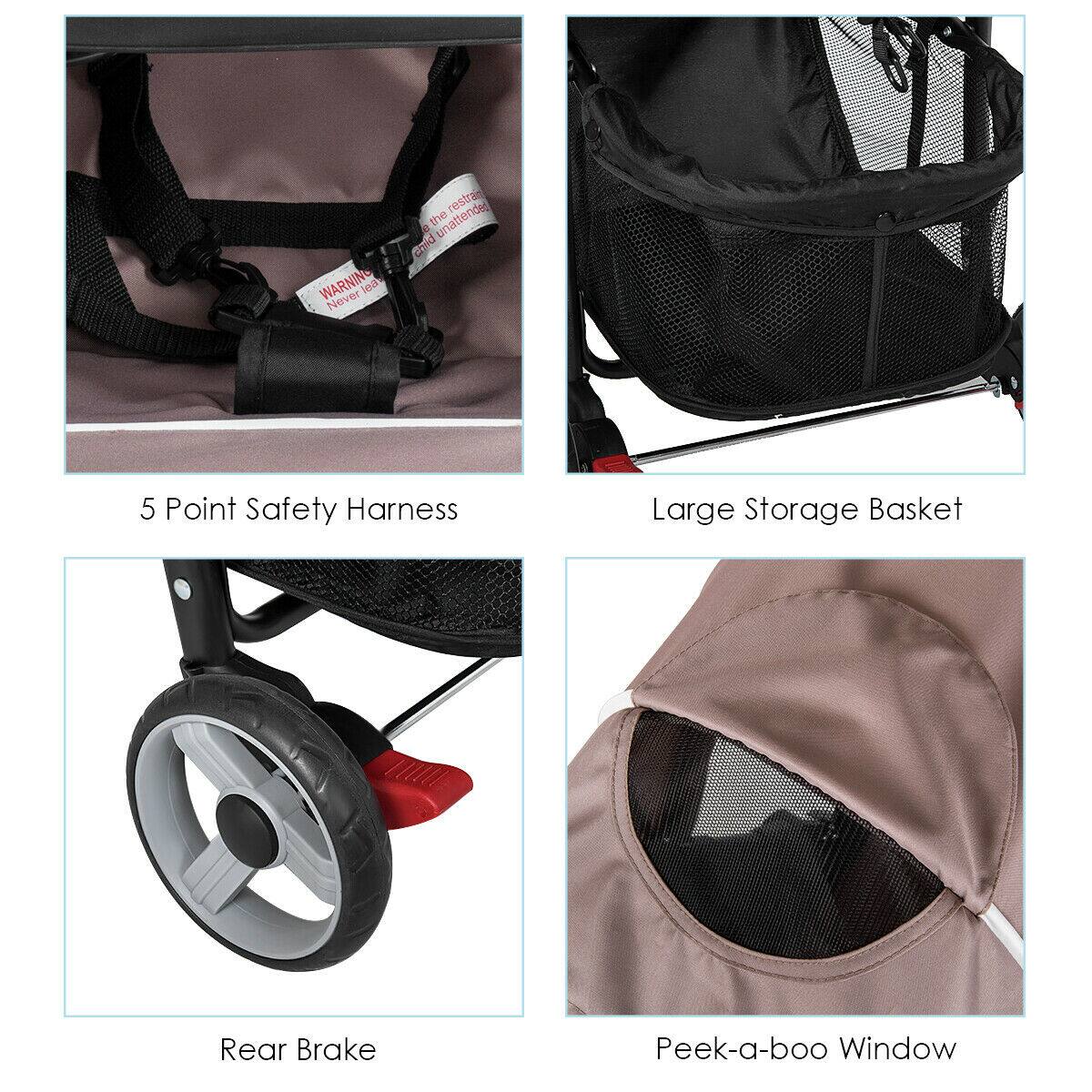 5 Point Safety Harness, Large Storage Basket, Rear Brake, Peek-a-boo Window