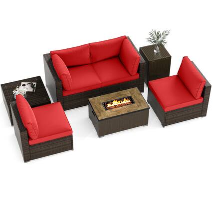 Front. Gymax - Gymax Set Of 7 Furniture Set w/32'' Fire Pit Table & Propane Tank Cover Outdoor Red - Red.