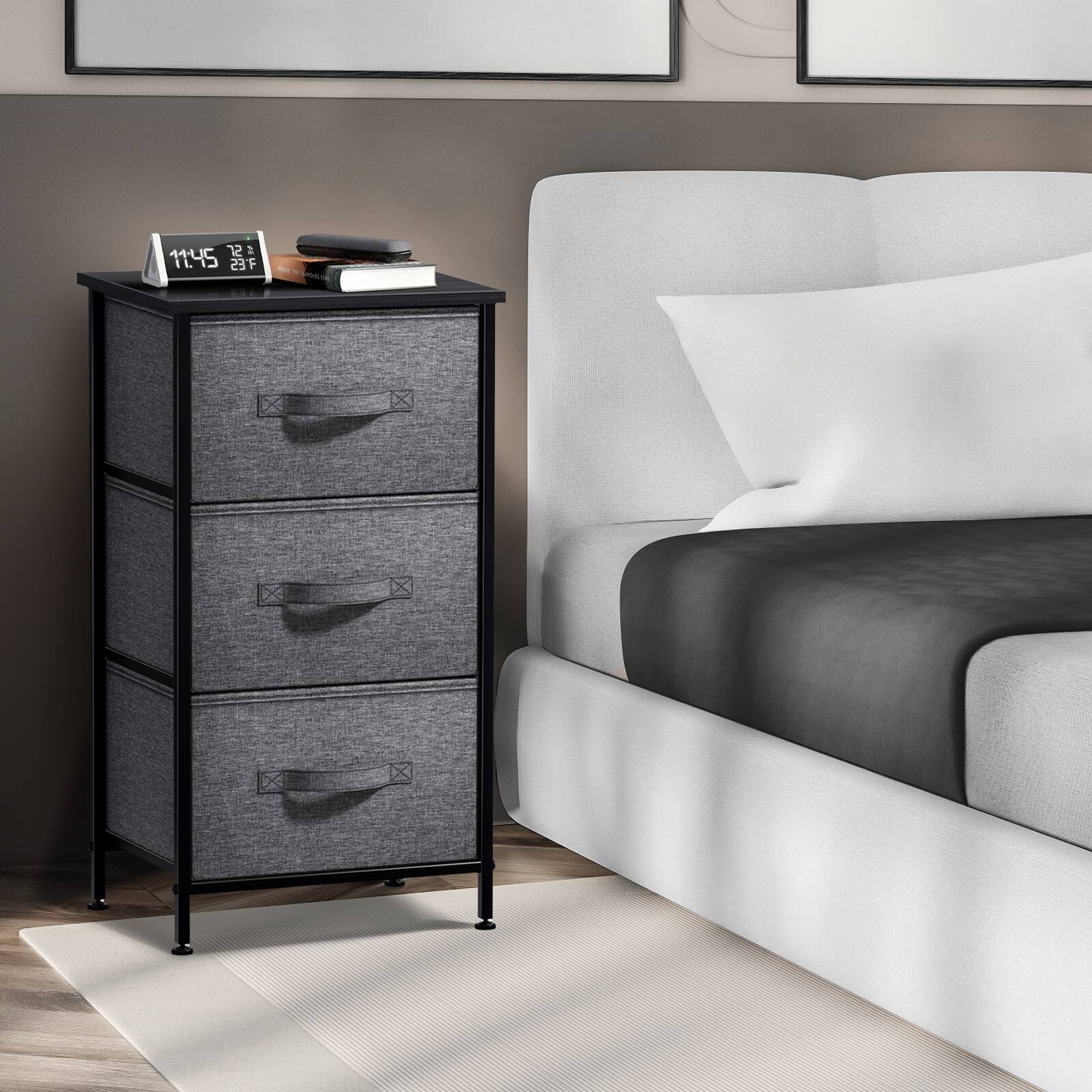Angle. Sorbus - Sorbus Nightstand with 3 Drawers - Steel Frame, Wood Top &Fabric Bins -Home, Bedroom, Office & College Dorm, Bedside - Black.