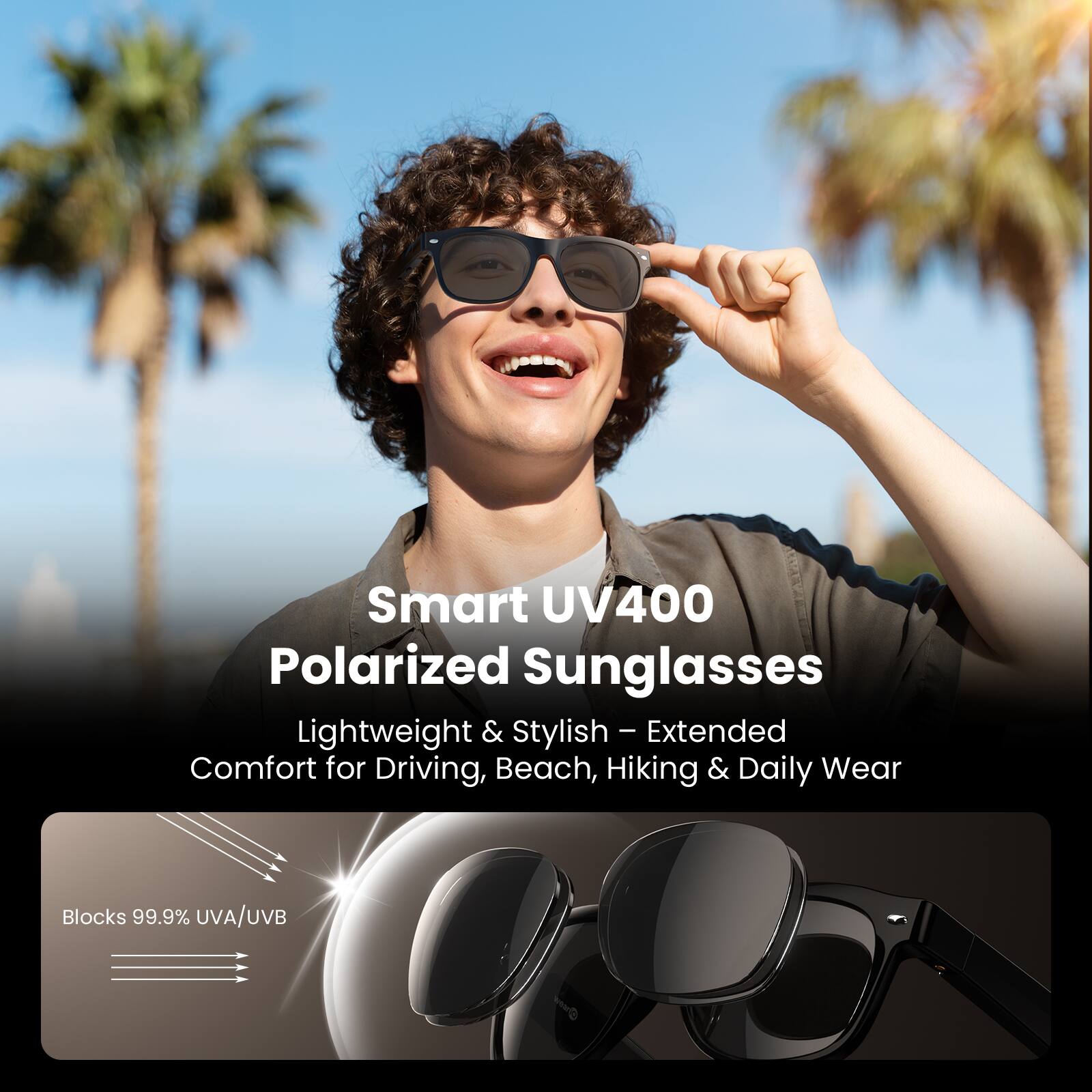 Smart UV400 Polarized Sunglasses  
Lightweight & Stylish – Extended Comfort for Driving, Beach, Hiking & Daily Wear  
Blocks 99.9% UVA/UVB
