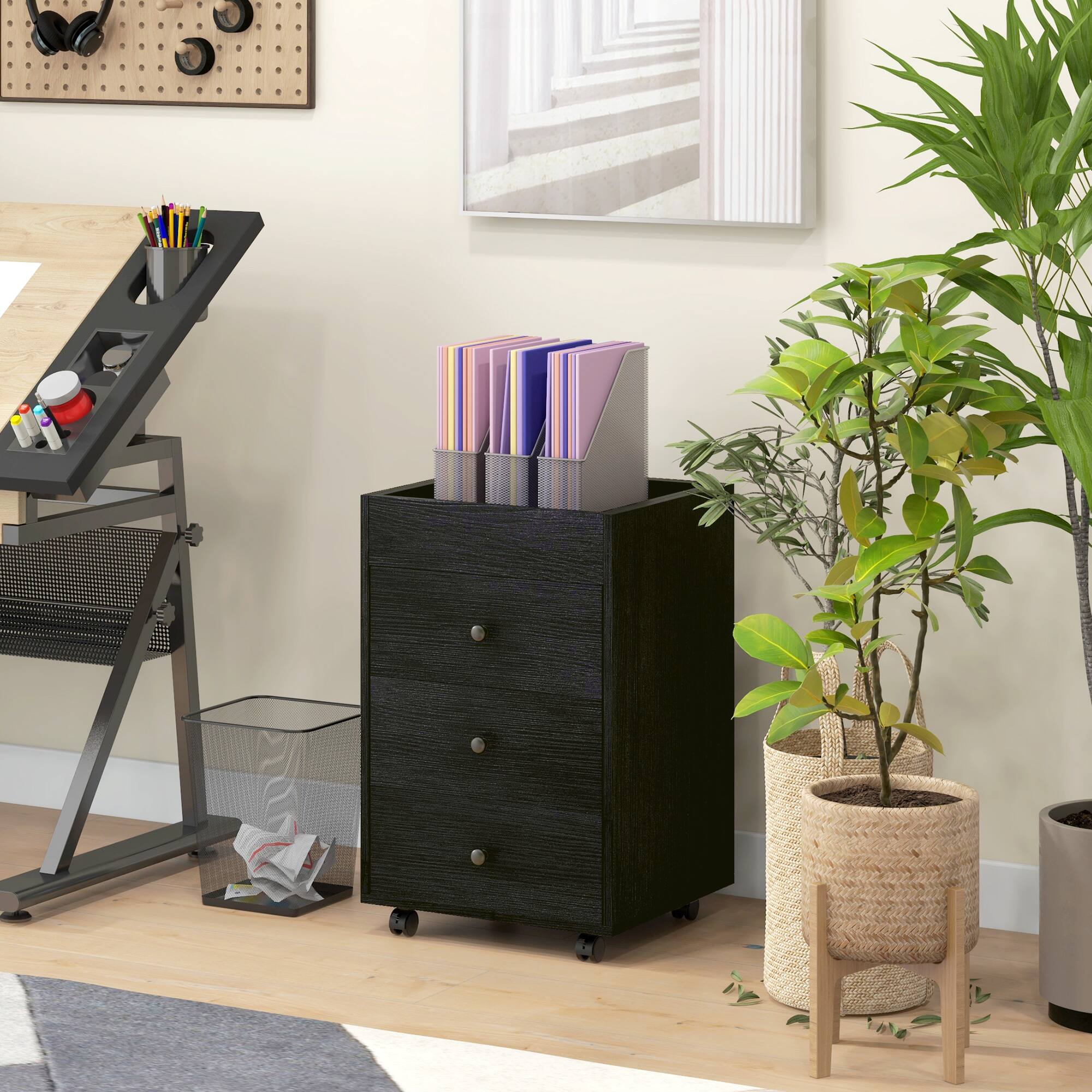 Angle. Homcom - 3 Drawer Home Office Storage Cabinet, Office Drawer on Wheels with Removable Tray, Under Desk Printer Stand with Storage.