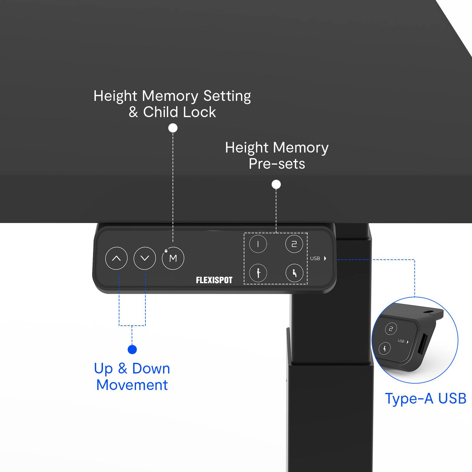 Height Memory Setting & Child Lock  
Height Memory Pre-sets  
Up & Down Movement  
Type-A USB