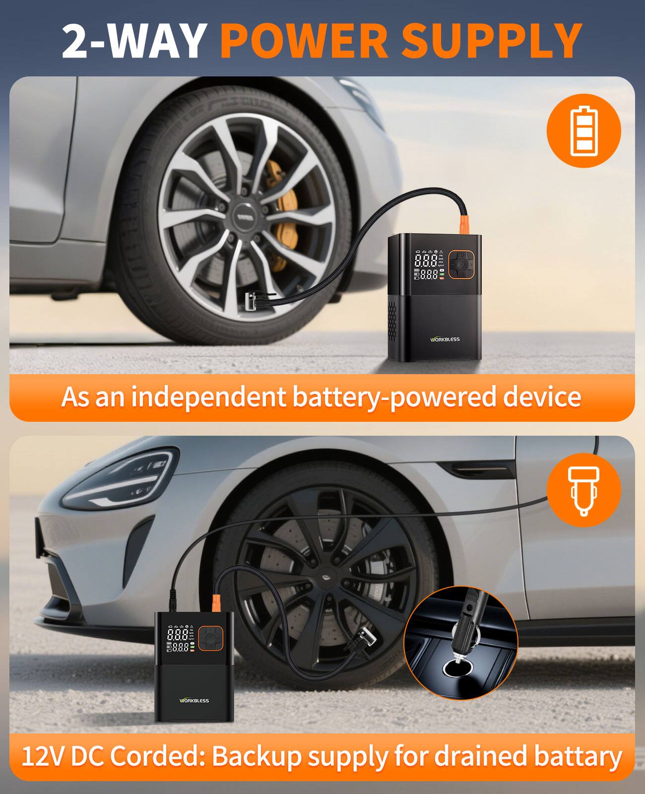 2-WAY POWER SUPPLY

As an independent battery-powered device

12V DC Corded: Backup supply for drained battery