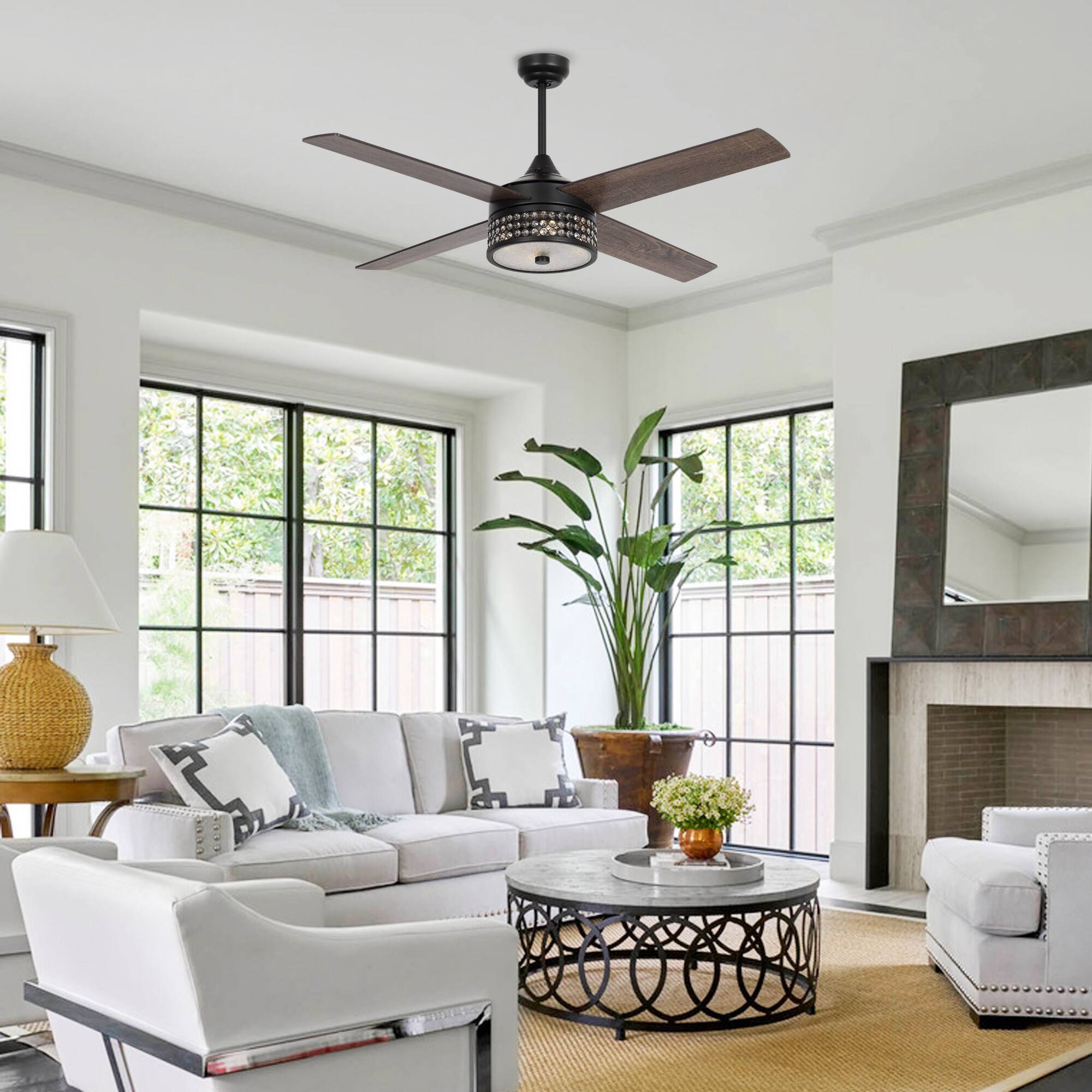 Left. Parrot Uncle - 52" Farmhouse Black 4-Blade Crystal Ceiling Fan with Remote Control - Black.