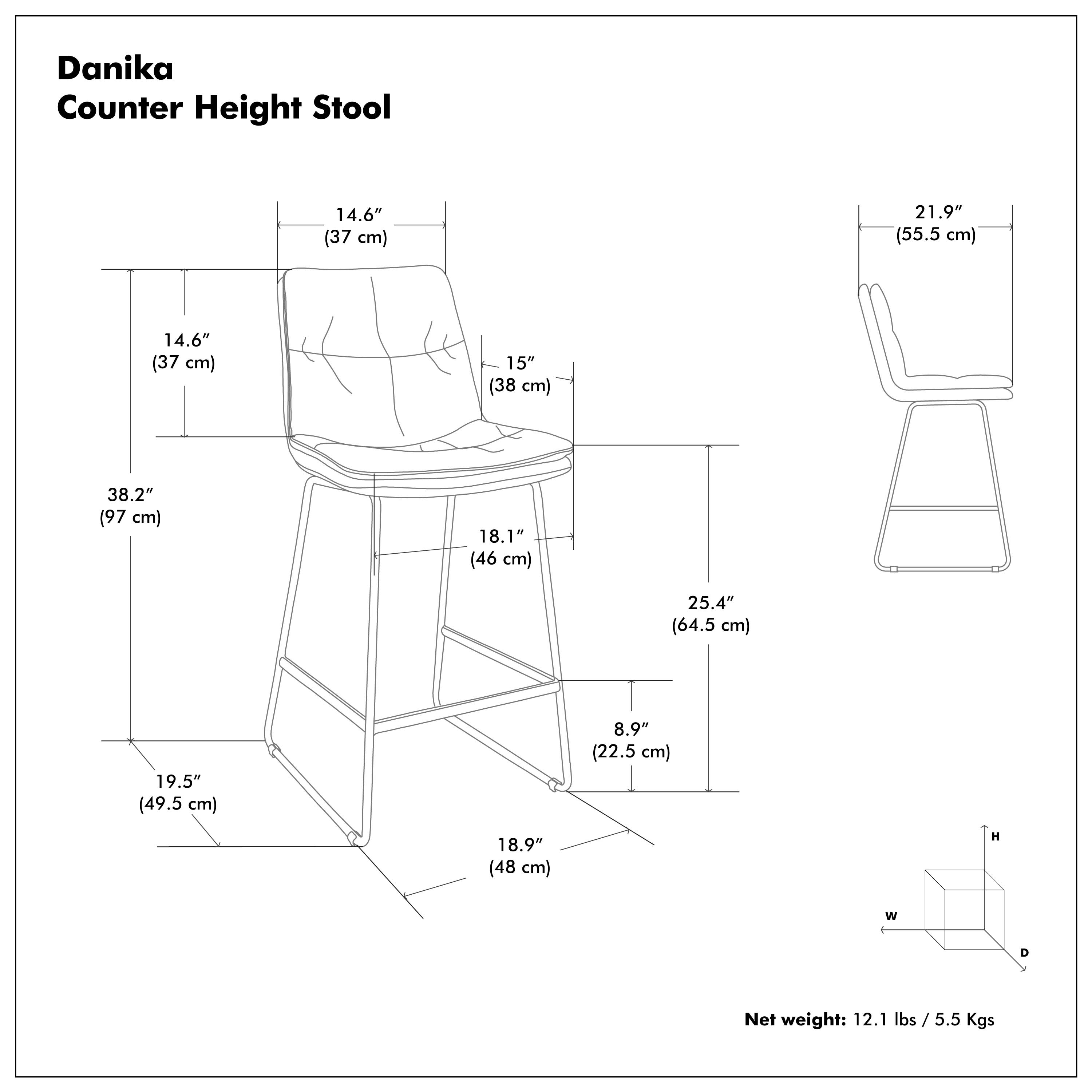 Danika Counter Height Stool

- Height (H): 38.2" (97 cm)
- Width (W): 21.9" (55.5 cm)
- Depth (D): 19.5" (49.5 cm)
- Seat Height: 14.6" (37 cm)
- Seat Depth: 15" (38 cm)
- Seat Width: 25.4" (64.5 cm)
- Back Height: 14.6" (37 cm)
- Back Width: 21.9" (55.5 cm)
- Armrest Height: 8.9" (22.5 cm)
- Leg Width: 18.9" (48 cm)
- Net weight: 12.1 lbs / 5.5 Kgs