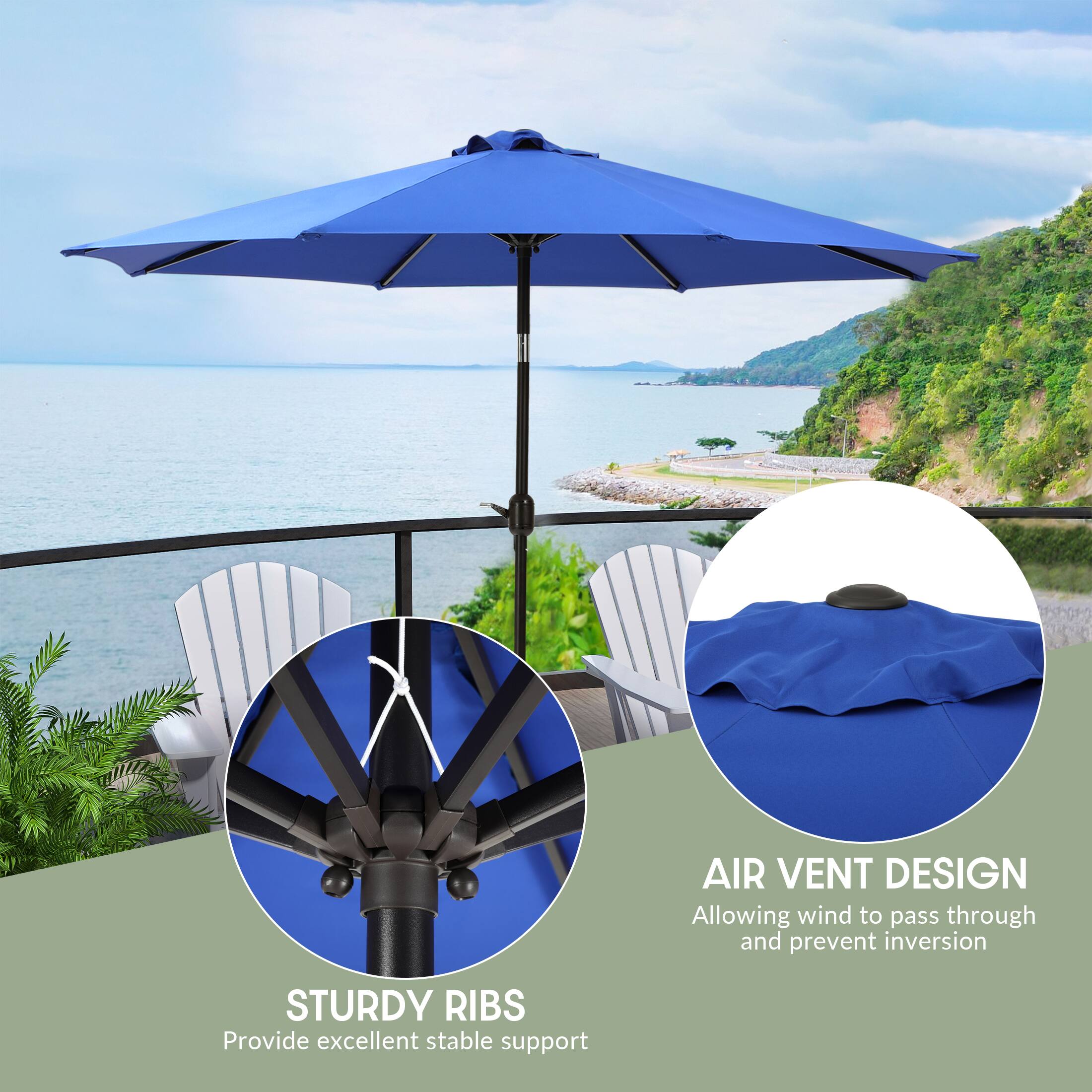 AIR VENT DESIGN  
Allowing wind to pass through and prevent inversion  

STURDY RIBS  
Provide excellent stable support