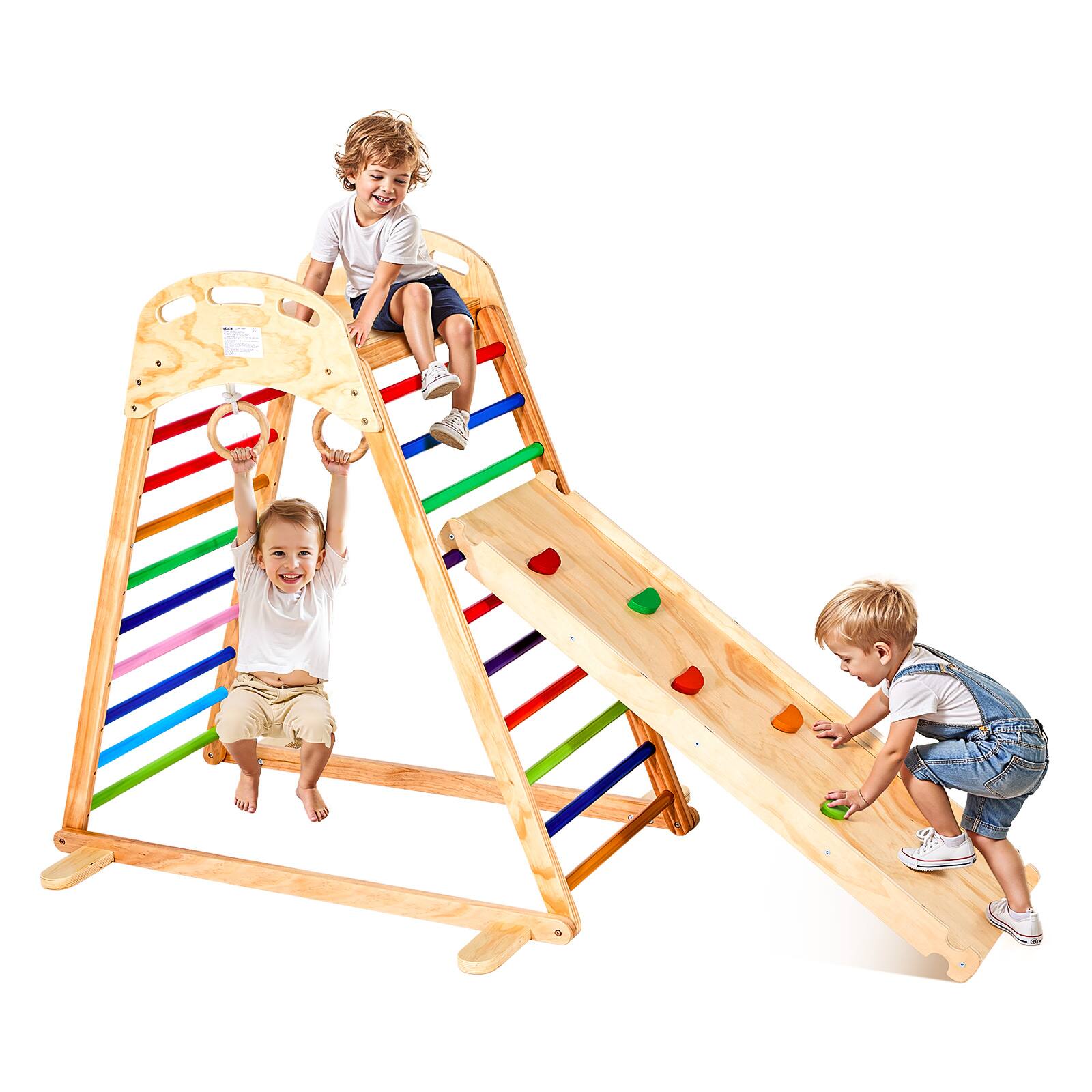 Front. VEVOR - Indoor Wooden Playground Set, 4-in-1 Playset with Climbing Rock, Slide, Ladder & Gym Rings - color.