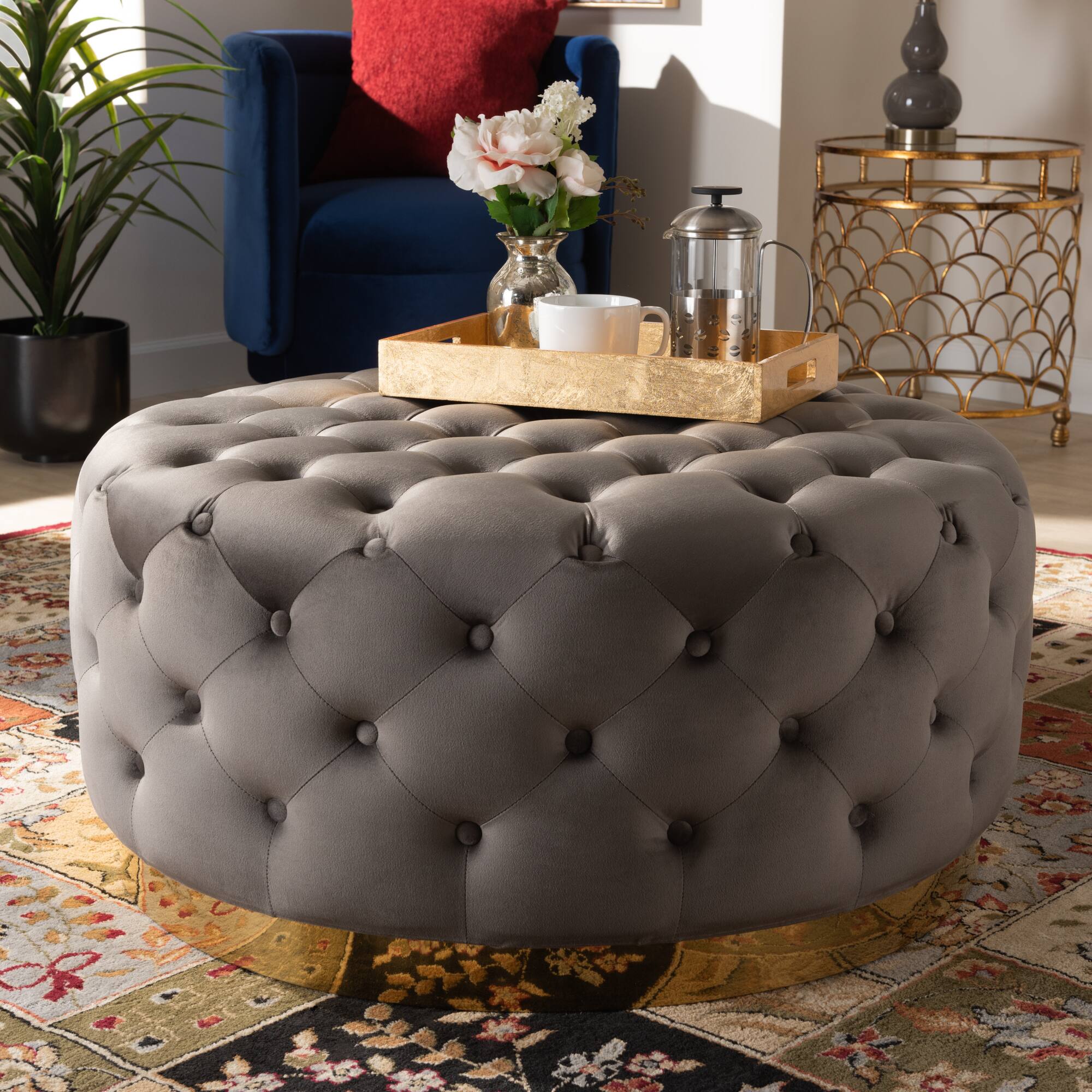 Back. Baxton Studio - Sasha Glam and Luxe Velvet Fabric Upholstered Gold Finished Round Cocktail Ottoman - Grey/Gold.