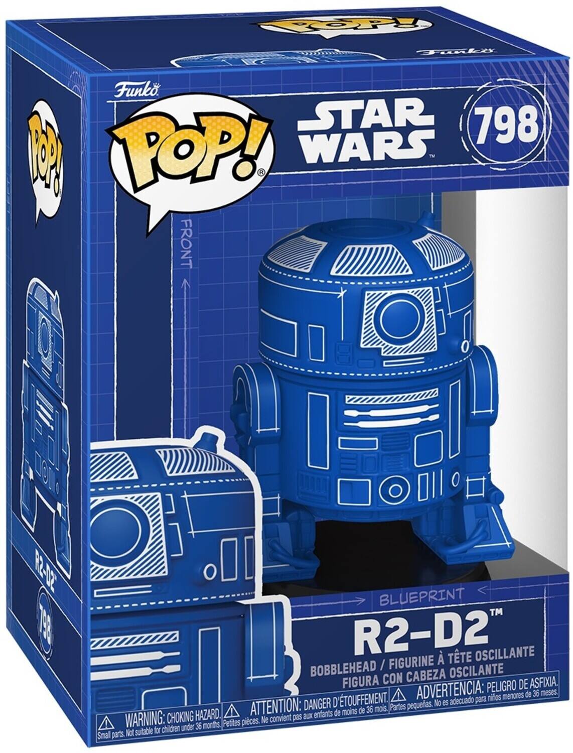 Sure, here is the corrected and grouped text from the image:

---

**Front:**
- Funko POP!
- STAR WARS
- 798
- FRONT

**Top:**
- Funko POP!
- STAR WARS
- 798

**Bottom:**
- BLUEPRINT
- R2-D2™
- BOBBLEHEAD / FIGURINE À TÊTE OSCILLANTE
- FIGURA CON CABEZA OSCILANTE
- WARNING: CHOKING HAZARD. Small parts. Not suitable for children under 36 months.
- ATTENTION: DANGER D'ÉTOUFFEMENT. Petites pièces. Ne convient pas aux enfants de moins de 36 mois.
- ADVERTENCIA: PELIGRO DE ASFIXIA. Partes pequeñas. No es adecuado para niños menores de 36 meses.

**Side:**
- PY ili Funko STAR 798 POP! WARS TM FRONT R2-02 T9 BLUEPRINT R2-D2 TTE OSCILLANTE FIGURINE BOBBLEHEAD CABEZA OSCILANTE FIGURA CON DE ASFIXIA. ADVERTENCIA: PEL
