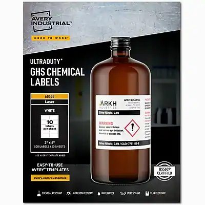 AVERY INDUSTRIAL
HERE TO WORK
ULTRADUTY GHS CHEMICAL LABELS
60505
Laser WHITE
10 labels per sheet
500 LABELS 50 SHEETS
EASY-TO-USE AVERY TEMPLATES
avery.com/customize
ARKH INDUSTRIES
Shver Nitrate
CAS# 7751-02-0
Nitrate O.IN
WARNING: Causes skin irritation and may cause aquatic life harm.
2"x4"
BS5609 CERTIFIED
DEXICAL RESISTANT
ABRASION RESISTANT
WATER RESISTANT
FIRE RESISTANT
ARKH Industries
Shver Nitrate
CAS# 7751-02-0
Nitrate O.IN
2" x 4"
10 labels per sheet
500 labels per 50 sheets
WARNING: Causes skin irritation and may cause aquatic life harm.
BS5609 CERTIFIED
DEXICAL RESISTANT
ABRASION RESISTANT
WATER RESISTANT
FIRE RESISTANT