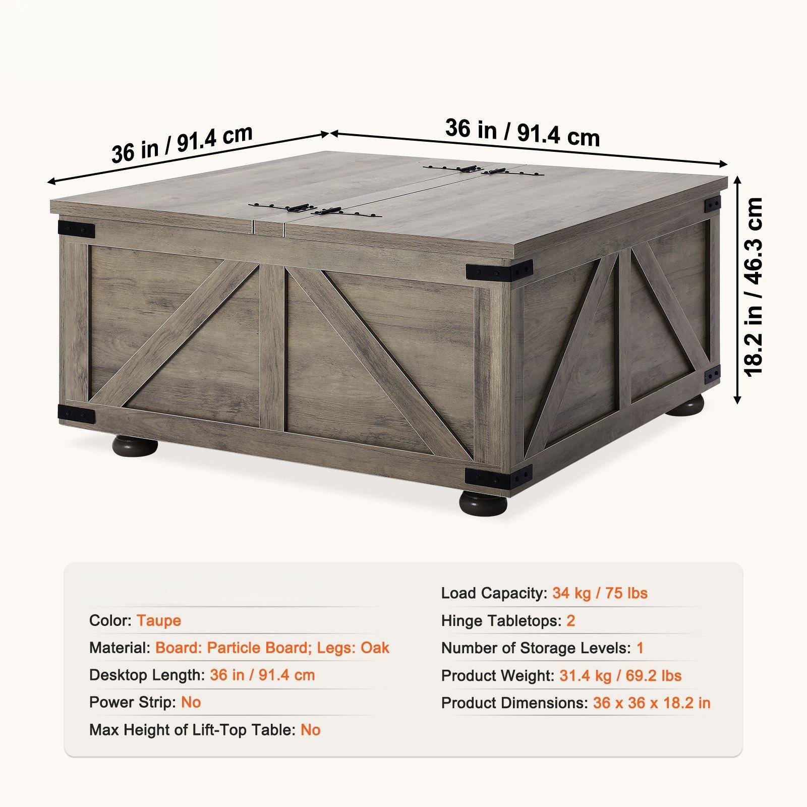 - Color: Taupe
- Material: Board: Particle Board; Legs: Oak
- Desktop Length: 36 in / 91.4 cm
- Power Strip: No
- Max Height of Lift-Top Table: No
- Load Capacity: 34 kg / 75 lbs
- Hinge Tabletops: 2
- Number of Storage Levels: 1
- Product Weight: 31.4 kg / 69.2 lbs
- Product Dimensions: 36 x 36 x 18.2 in