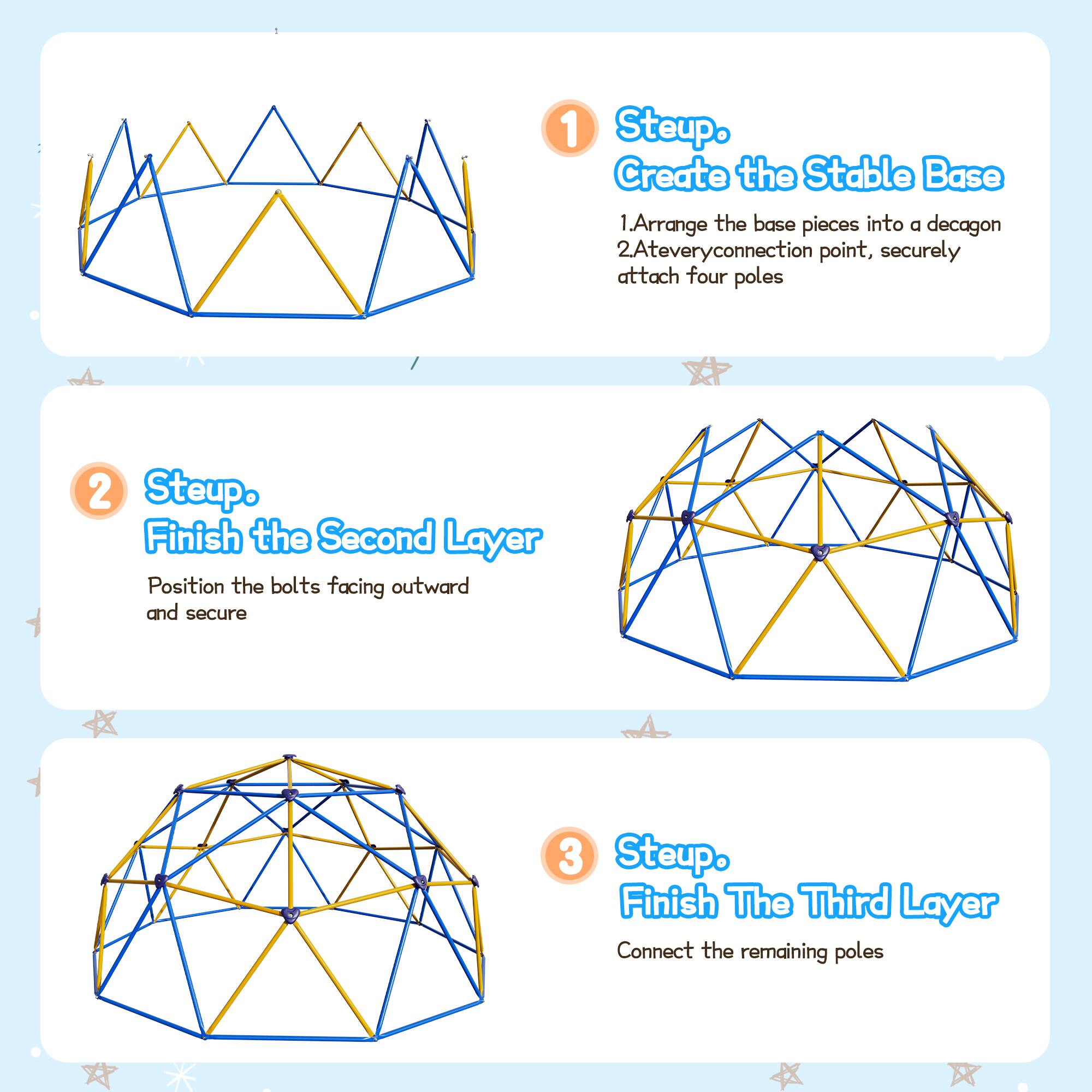 1. Steup. Create the Stable Base
   1. Arrange the base pieces into a decagon
   2. At every connection point, securely attach four poles

2. Steup. Finish the Second Layer
   Position the bolts facing outward and secure

3. Steup. Finish The Third Layer
   Connect the remaining poles