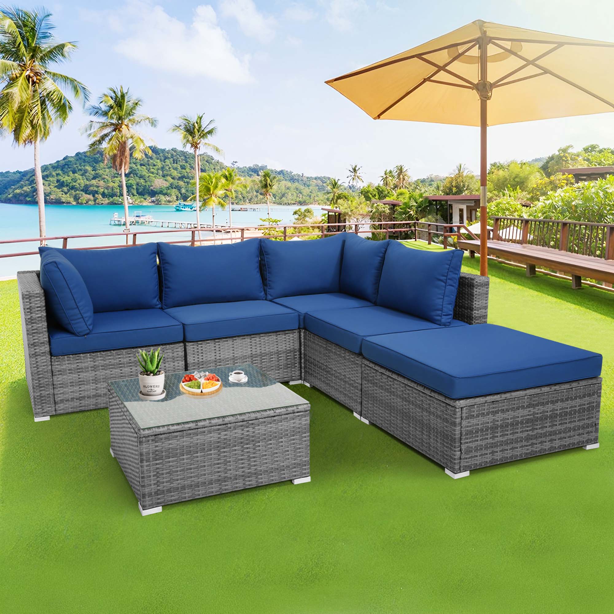 Alt View 1. Costway - Costway 6PCS Patio Wicker Furniture Set Cushioned Sectional Sofa Coffee Table Deck - Navy.
