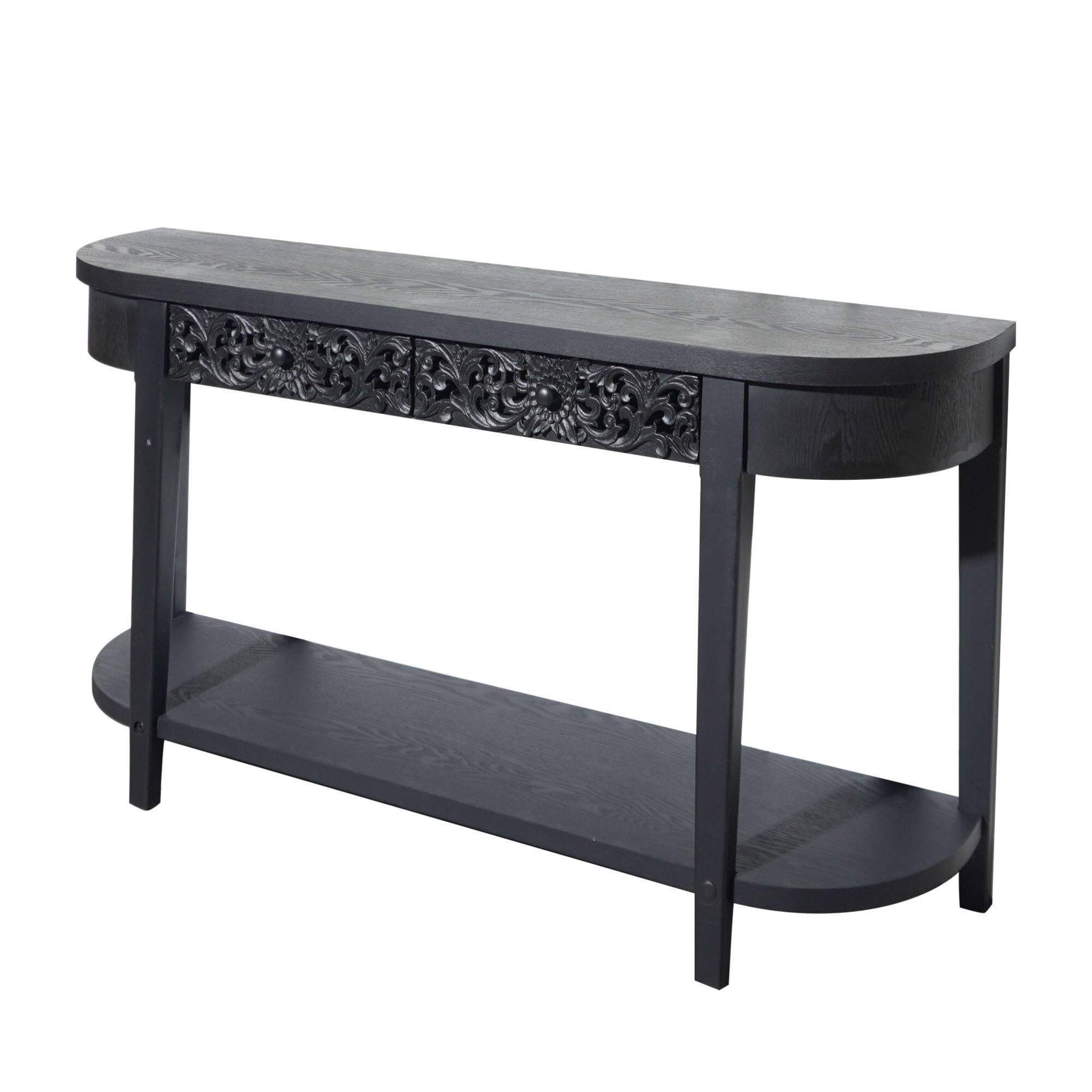 Alt View 1. GOODSILO - Elegant Carved Wooden Console Table with Lower Storage Shelf and Two Drawers for Entryway Living Room Hallway - Black.