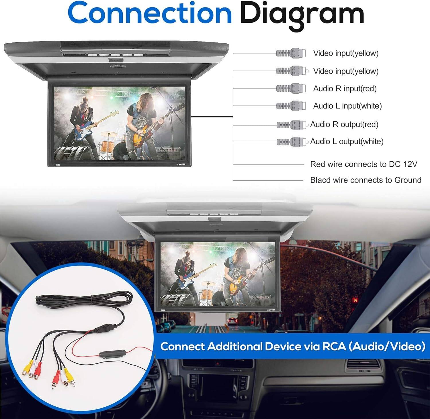 Connection Diagram

- Video input (yellow)
- Video input (yellow)
- Audio R input (red)
- Audio L input (white)
- Audio R output (red)
- Audio L output (white)

Red wire connects to DC 12V  
Black wire connects to Ground

Connect Additional Device via RCA (Audio/Video)