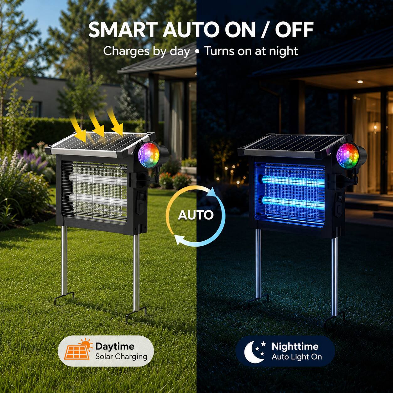 SMART AUTO ON / OFF  
Charges by day  
Turns on at night  

AUTO  
Daytime Solar Charging  
Nighttime Auto Light On
