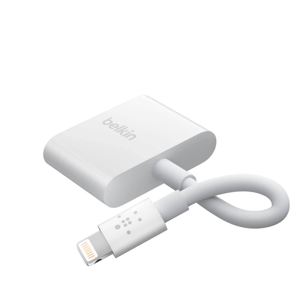 Angle. Belkin - RockStar Lightning to 3.5mm Audio Cable + Audio Charger Splitter, 2-in-1 Aux iPhone Headphone and Charger Adapter - White.