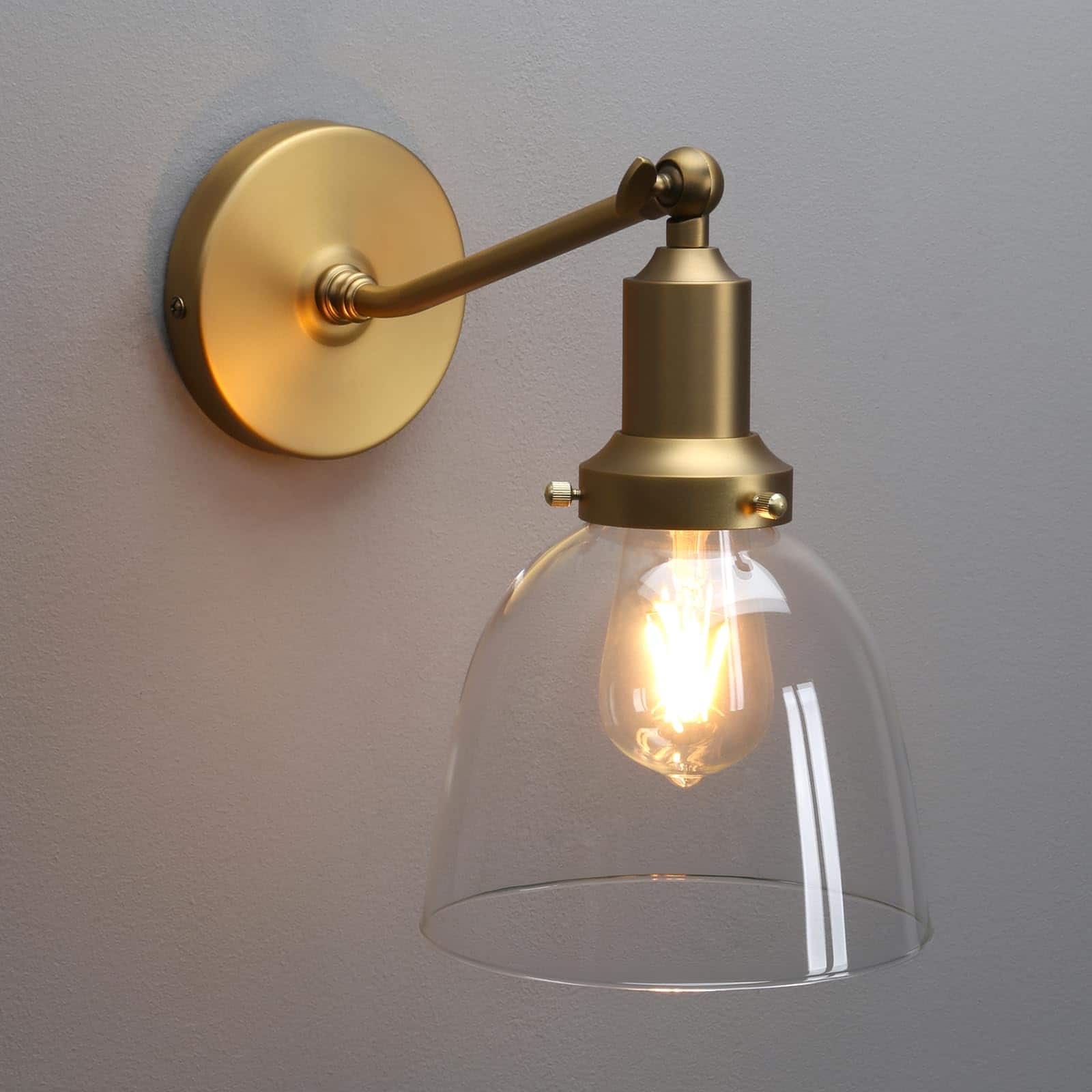 Comfort Essence - Industrial Vintage Slope Pole Wall Mount Single Sconce With Funnel FlaClear Glass Shade Light Lamp Fixture - Brass Gold 6.7" Oval Dome 1-Light Hardwired