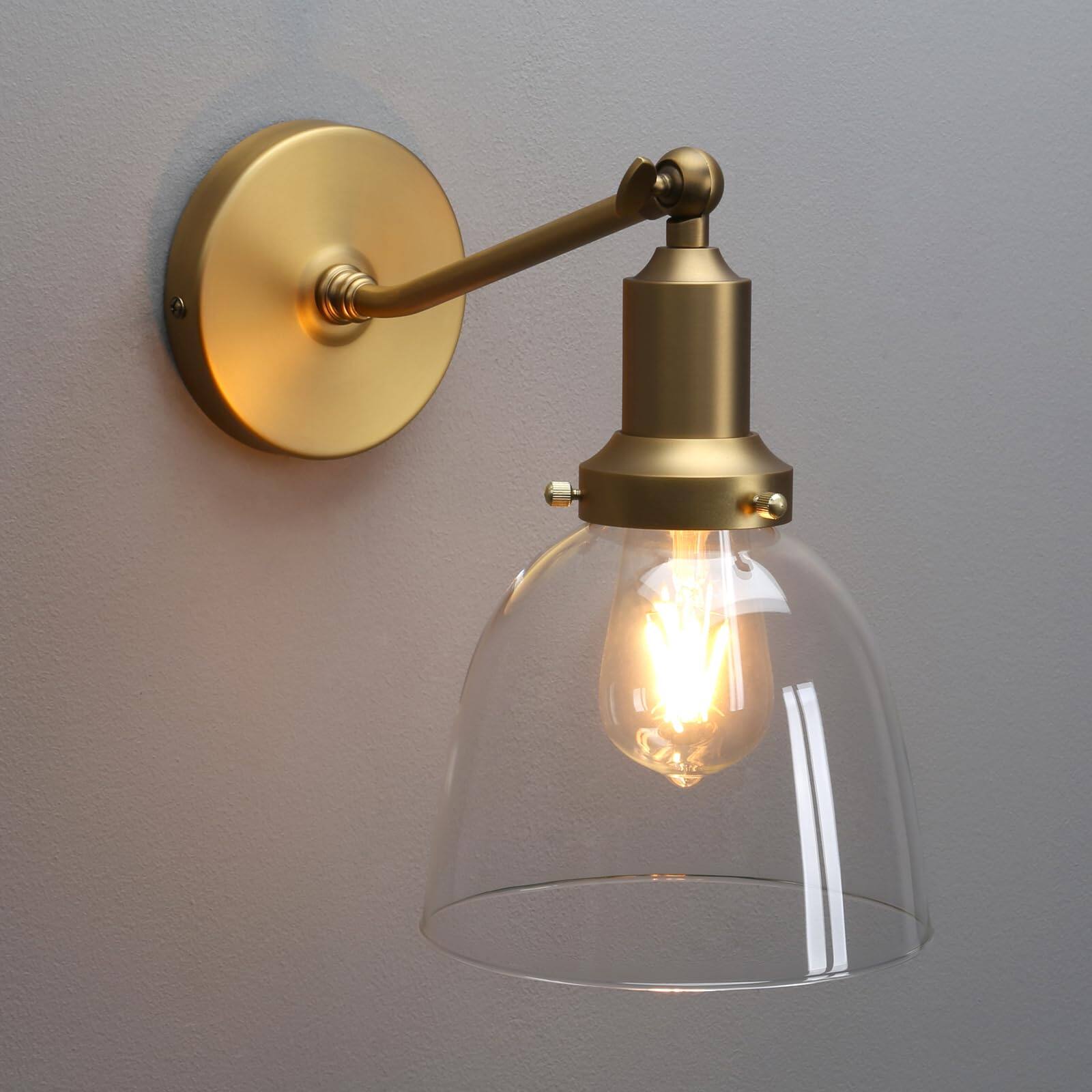 Front. Comfort Essence - Industrial Vintage Slope Pole Wall Mount Single Sconce With Funnel FlaClear Glass Shade Light Lamp Fixture - Brass Gold 6.7" Oval Dome 1-Light Hardwired.