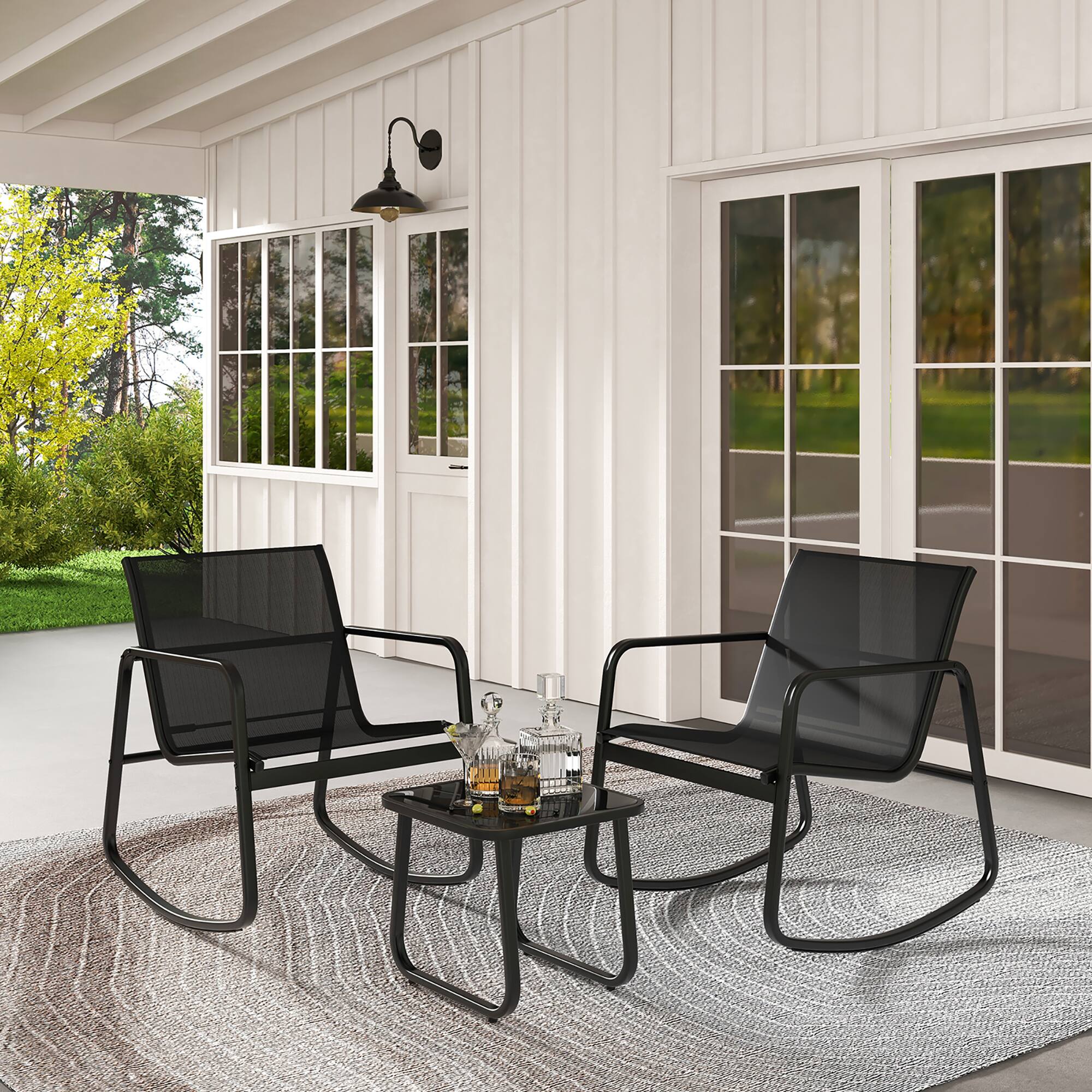 Alt View 4. Gymax - Gymax 3 Piece Rocking Bistro Set Patio Furniture Set w/ 2 Rocking Chairs & Glass-Top Coffee Table - Black.