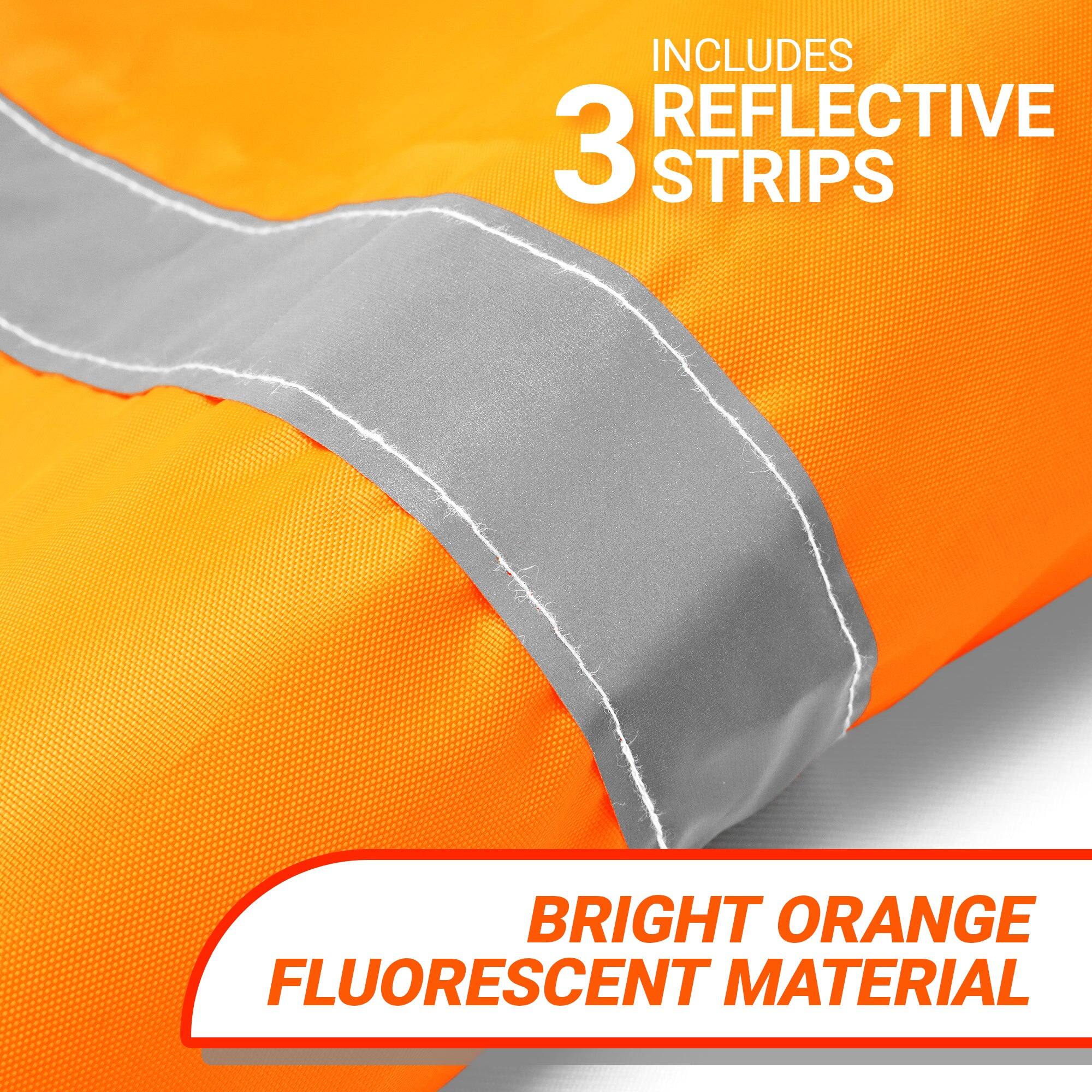 INCLUDES REFLECTIVE 3 STRIPS  
BRIGHT ORANGE FLUORESCENT MATERIAL