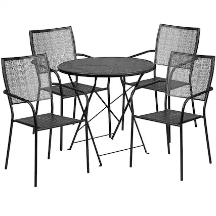 Front. Emma + Oliver - Commercial Grade 30" Round Metal Folding Patio Table Set w/ 4 Square Back Chairs - Black.