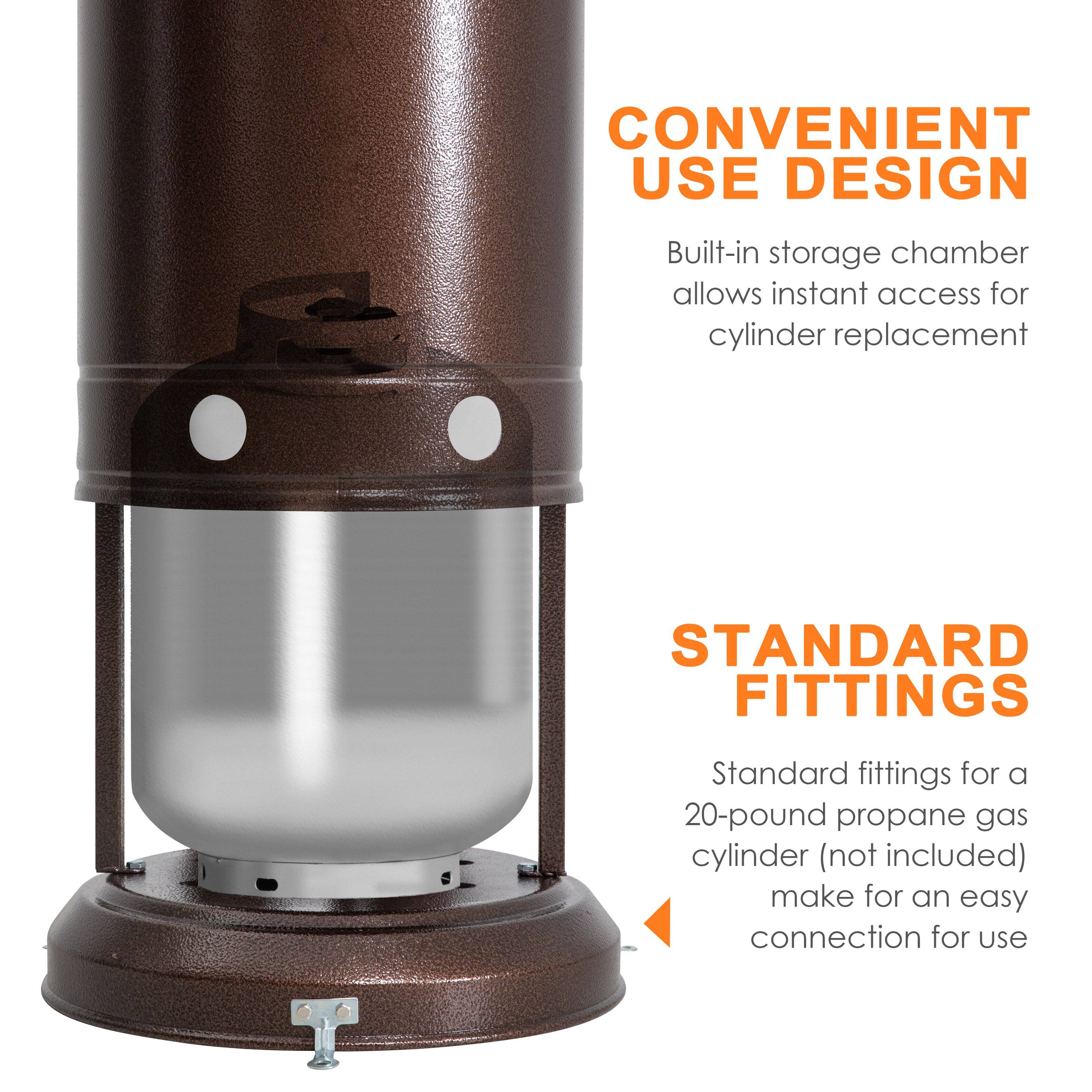 **CONVENIENT USE DESIGN**  
Built-in storage chamber allows instant access for cylinder replacement

**STANDARD FITTINGS**  
Standard fittings for a 20-pound propane gas cylinder (not included) make for an easy connection for use