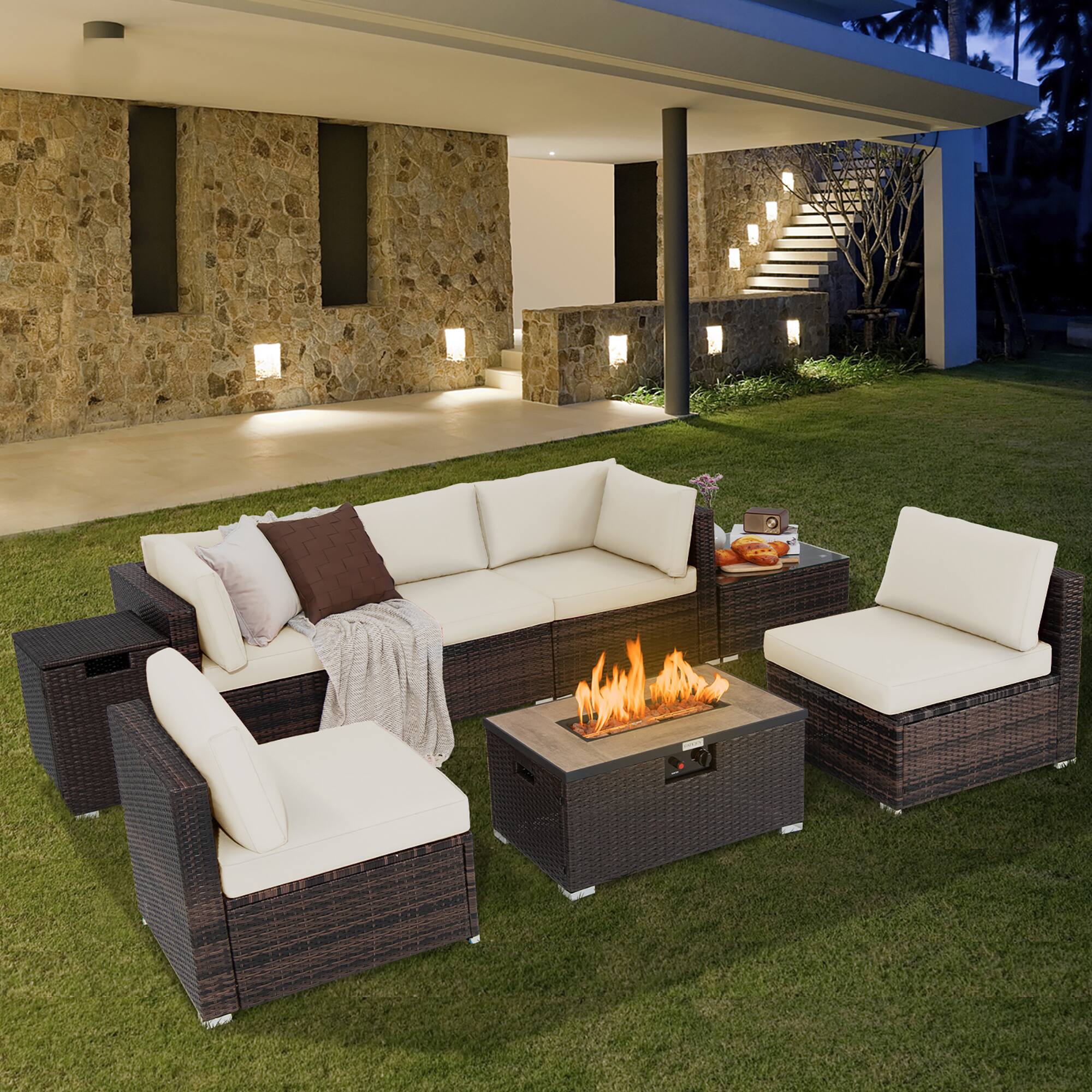 Alt View 1. Costway - Costway 8PCS Patio Rattan Furniture Set Fire Pit Table Tank Holder Cover Deck - Mix Brown,Off White.