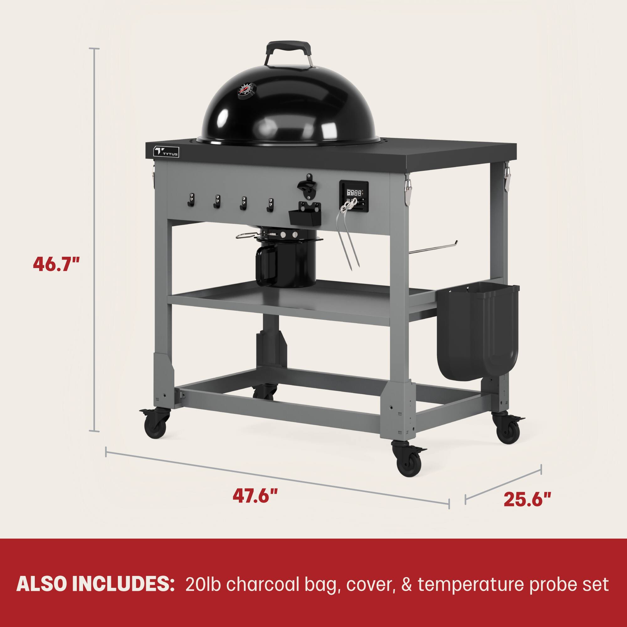 Also includes: 20lb charcoal bag, cover, & temperature probe set.
