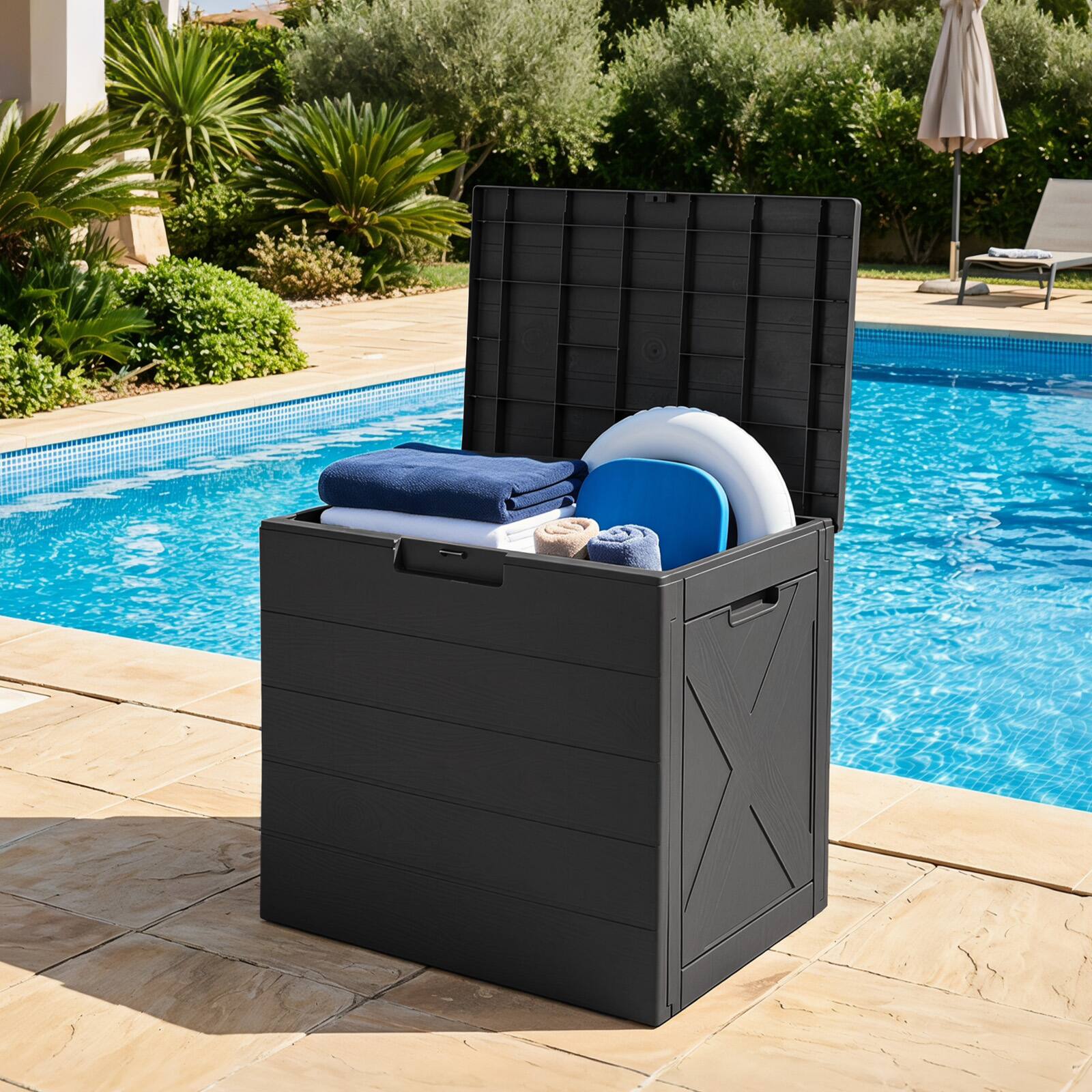 Alt View 3. Costway - Costway Outdoor Deck Box, 25 Gallon Storage Bin with Lid, Carry Handles & Lock Hole - Black.