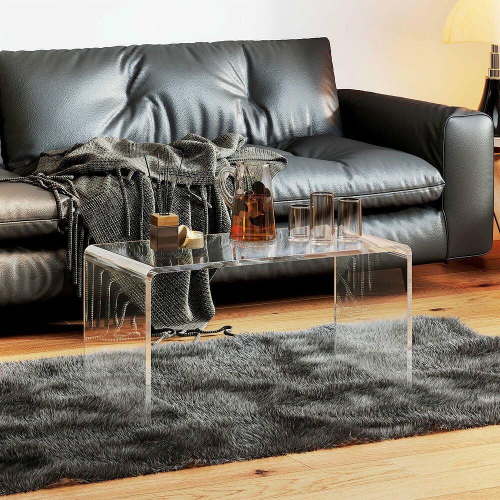 Angle. Kadyn - 0.6" Thick Acrylic Coffee Table, 32" Long Rectangle Waterfall Coffee Table, Waterfall end table with a U-shape - Clear.
