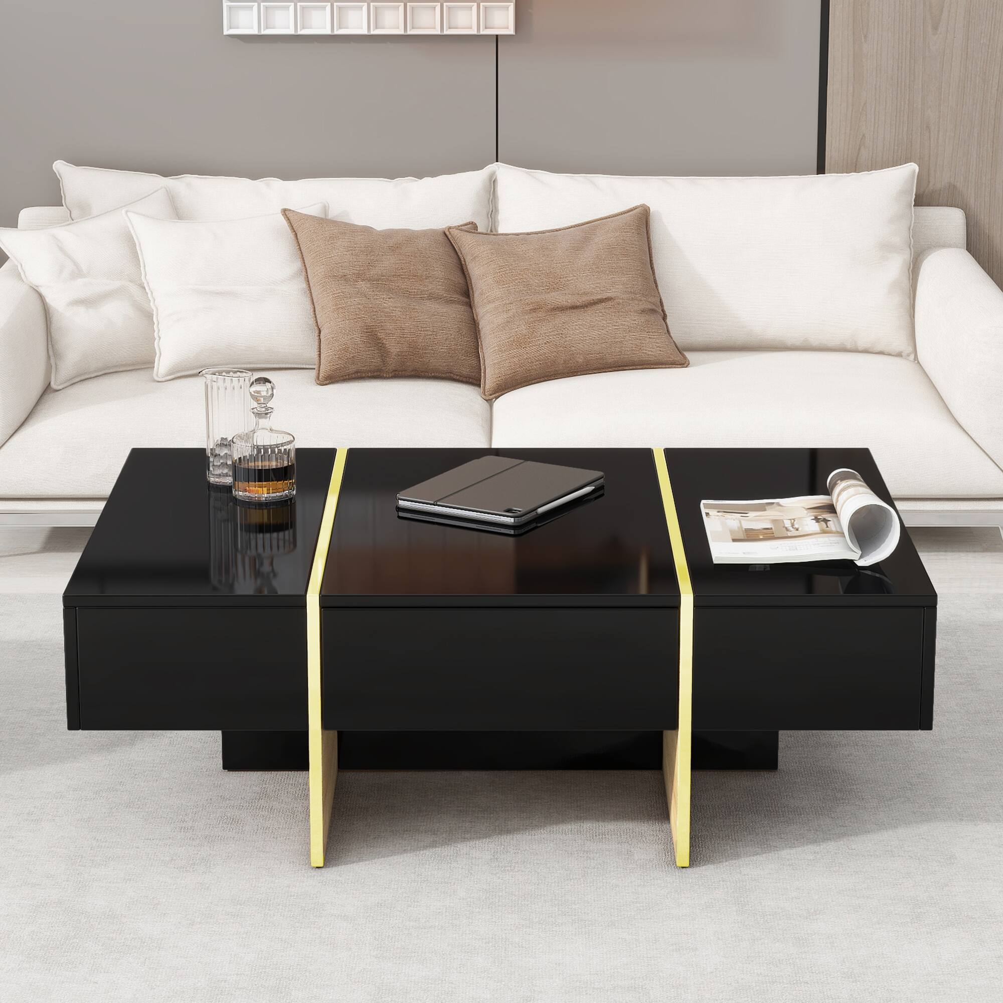 Angle. Tiramisubest - Minimalist High Gloss Coffee Table with 2 Drawers,Multi-Storage Rectangle Sofa Table with Golden Wood Grain Legs,Black - Black.