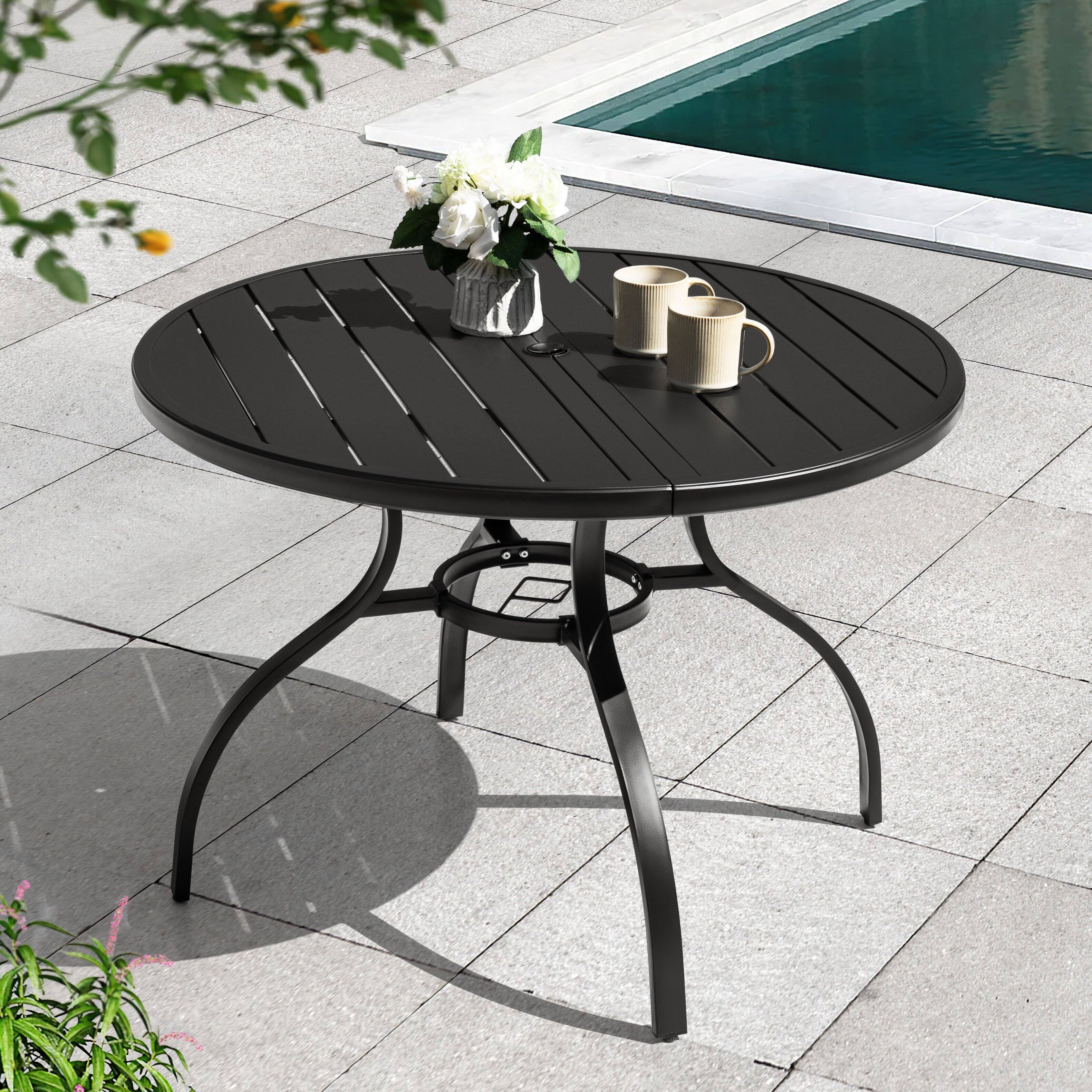 Left. Nuu Garden - Outdoor 41" Round Metal Patio Dining Table with 1.7'' Umbrella Hole, Adjustable Feet and Slatted Tabletop - Black.