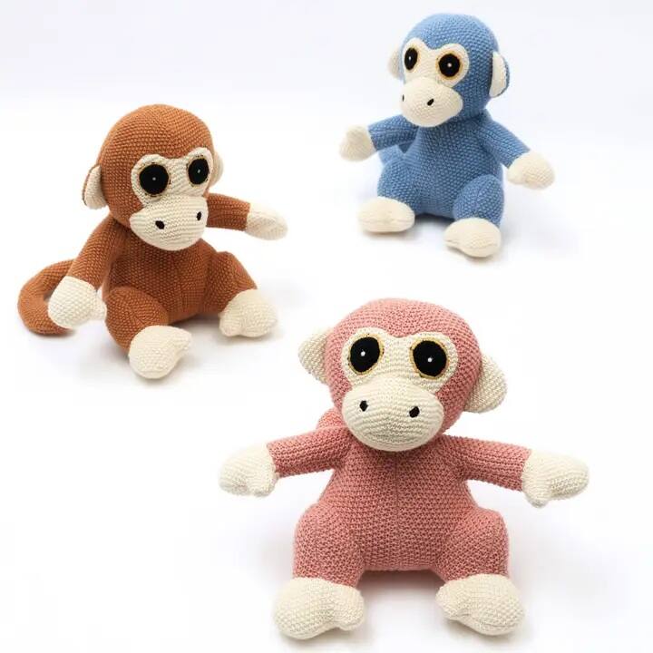 Left. Siljoy - Knitted Stuffed Monkey Soft Toy, 22x26cm, Coral Almond, 100% Cotton & Polyester, Safe & Snuggly - Coral.