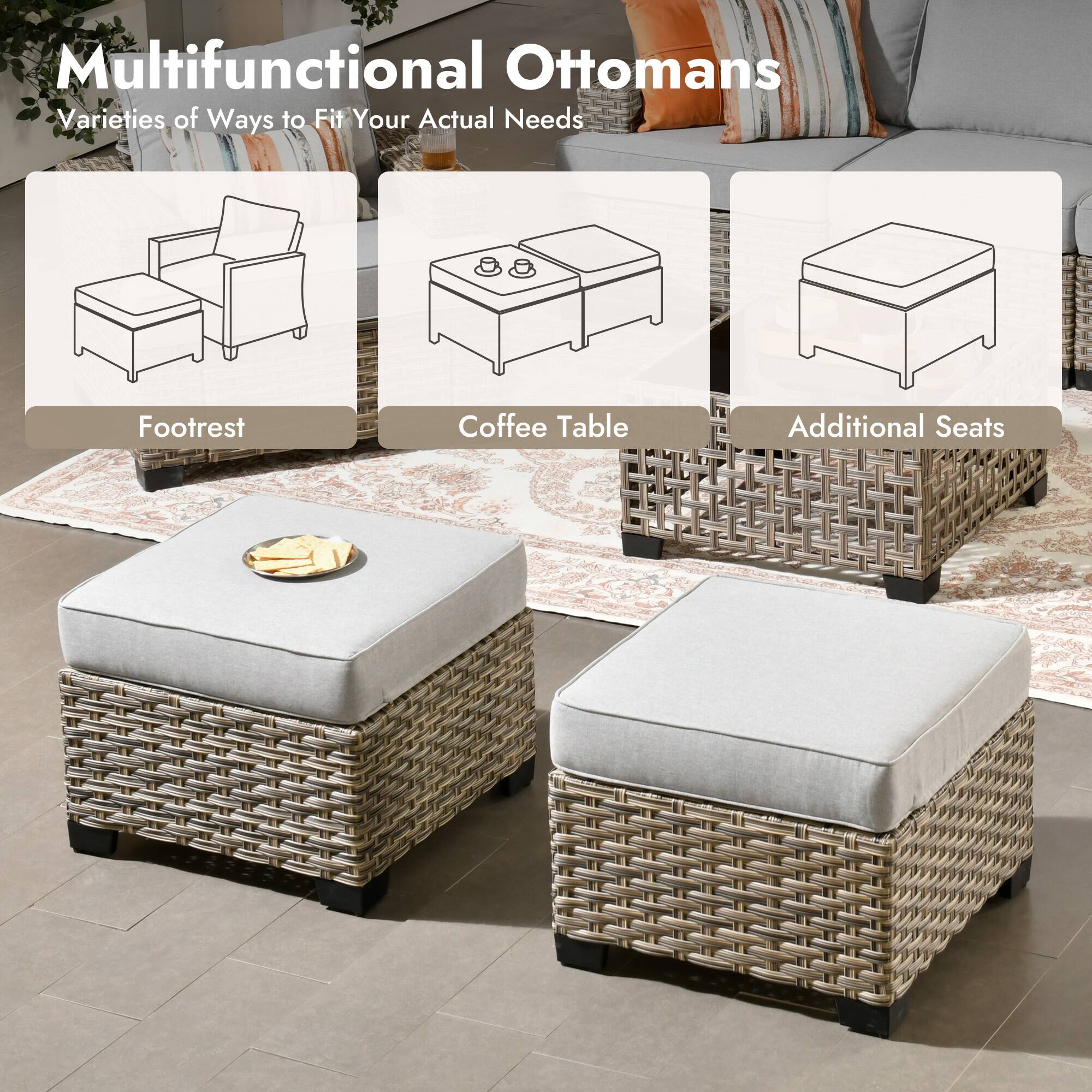 Multifunctional Ottomans  
Varieties of Ways to Fit Your Actual Needs:  
- Footrest  
- Coffee Table  
- Additional Seats