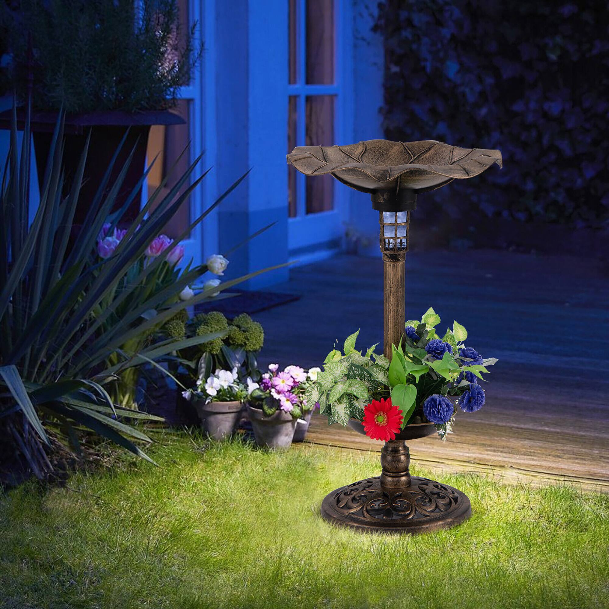 Alt View 3. Gymax - Gymax Solar Bird Bath Standing Pedestal Birdbath & Feeder Combo w/ Lotus Leaf Bowl Antique Bronze - Antique Bronze.
