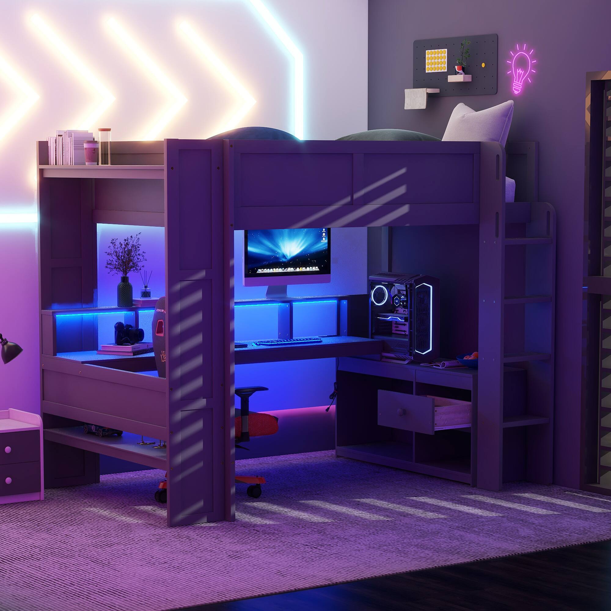 Aukfa - Wood Full Size Gaming Loft Bed with Desk, Multi-storage Shelves, LED and Charging Station - Drak Gray