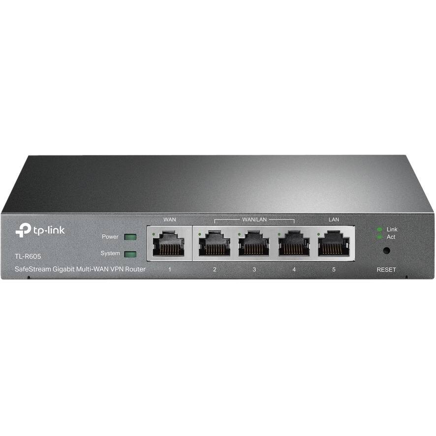 TP-Link TL-R605  
SafeStream Gigabit Multi-WAN VPN Router  

Power  
System  

WAN  
WAN/LAN  
LAN  

1  
2  
3  
4  
5  

Link  
Act  

RESET