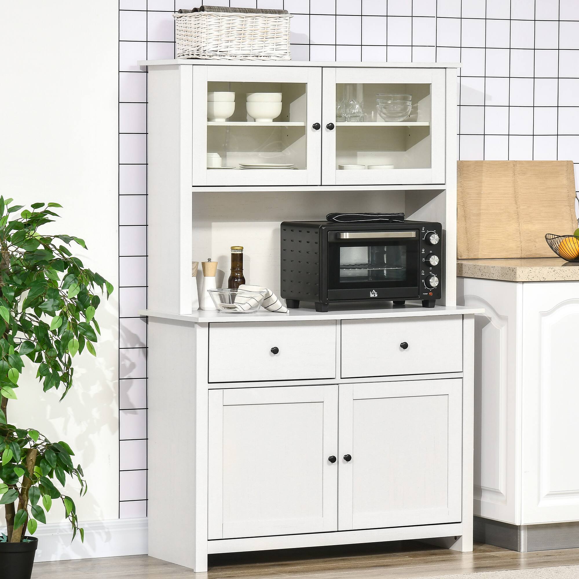 Angle. Homcom - 63.5" Kitchen Buffet with Hutch, 4 Shelves, Drawers, Glass Doors - Antique White.